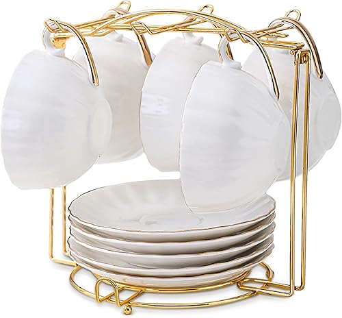 Soporte para tazas de café, soporte de metal para tazas de té, organizador para taza de café, cuchara y platillos (dorado)