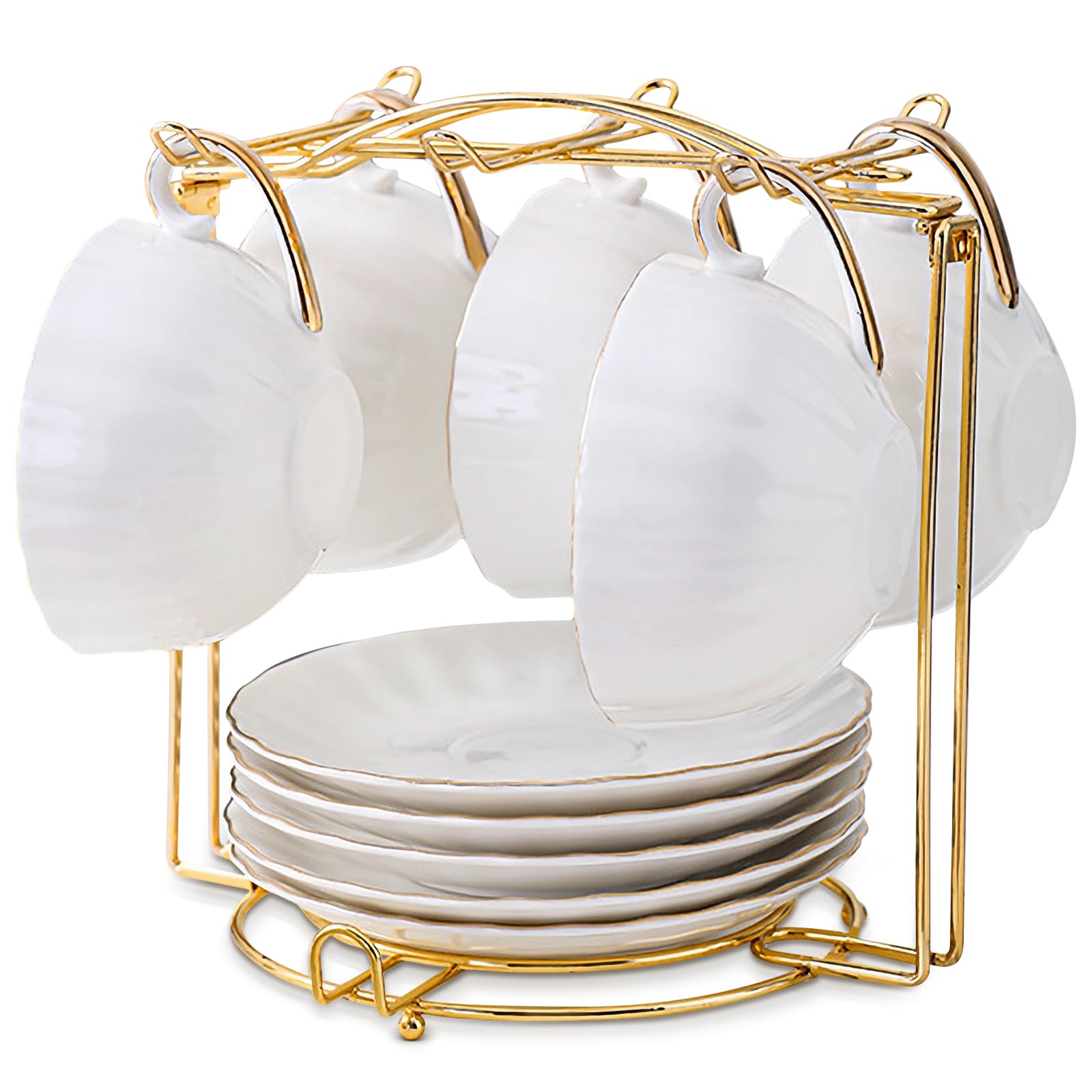 Tea Cups and Saucers Holder,Metal Tea Cups Coffee Cups Rack,Organizer for Coffee Cup Spoon and Saucers (Gold)