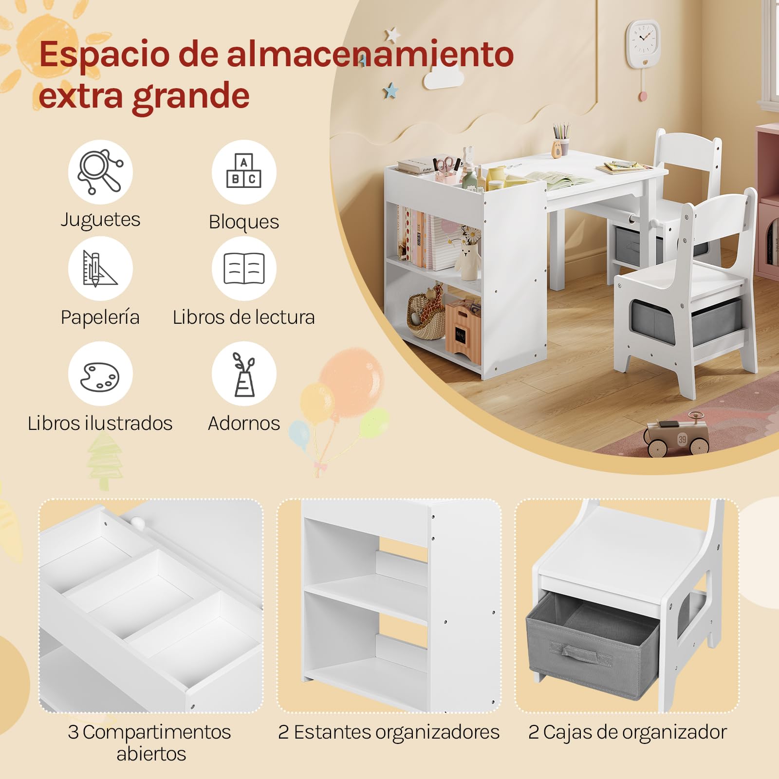 WOLTU Mesa Infantil con 2 Sillas, Blanco | Estantería de 3 Niveles, 1 Portarrollos, 2 Cajas de Tela, MDF
