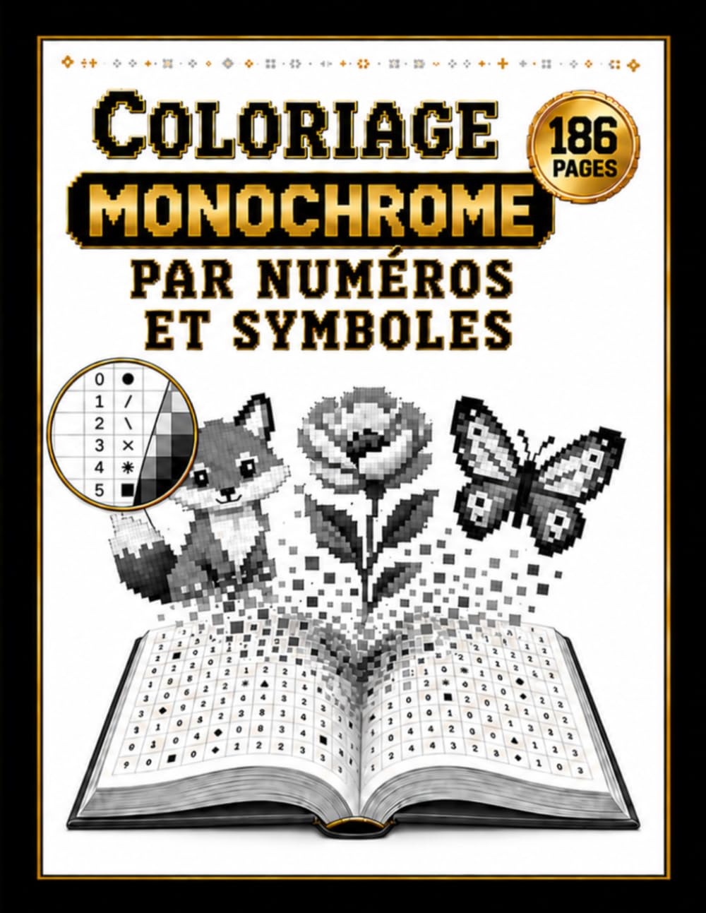 Coloriage monochrome par numéros et symboles: Fleurs, animaux adorables et scènes chaleureuses en pixel art à compléter, symbole après symbole, avec un seul stylo