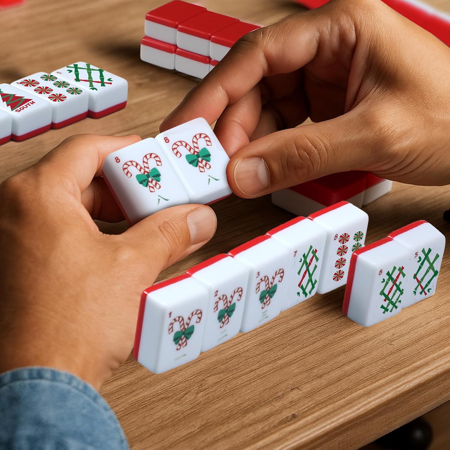 160 Pcs Christmas American Mahjong Set Only, 1.2 x 0.87 Inches Red Back Melamine Mahjong Tiles, Hand Carved Pattern for Adult Mah Jong Social Games, Mah Jong Lovers