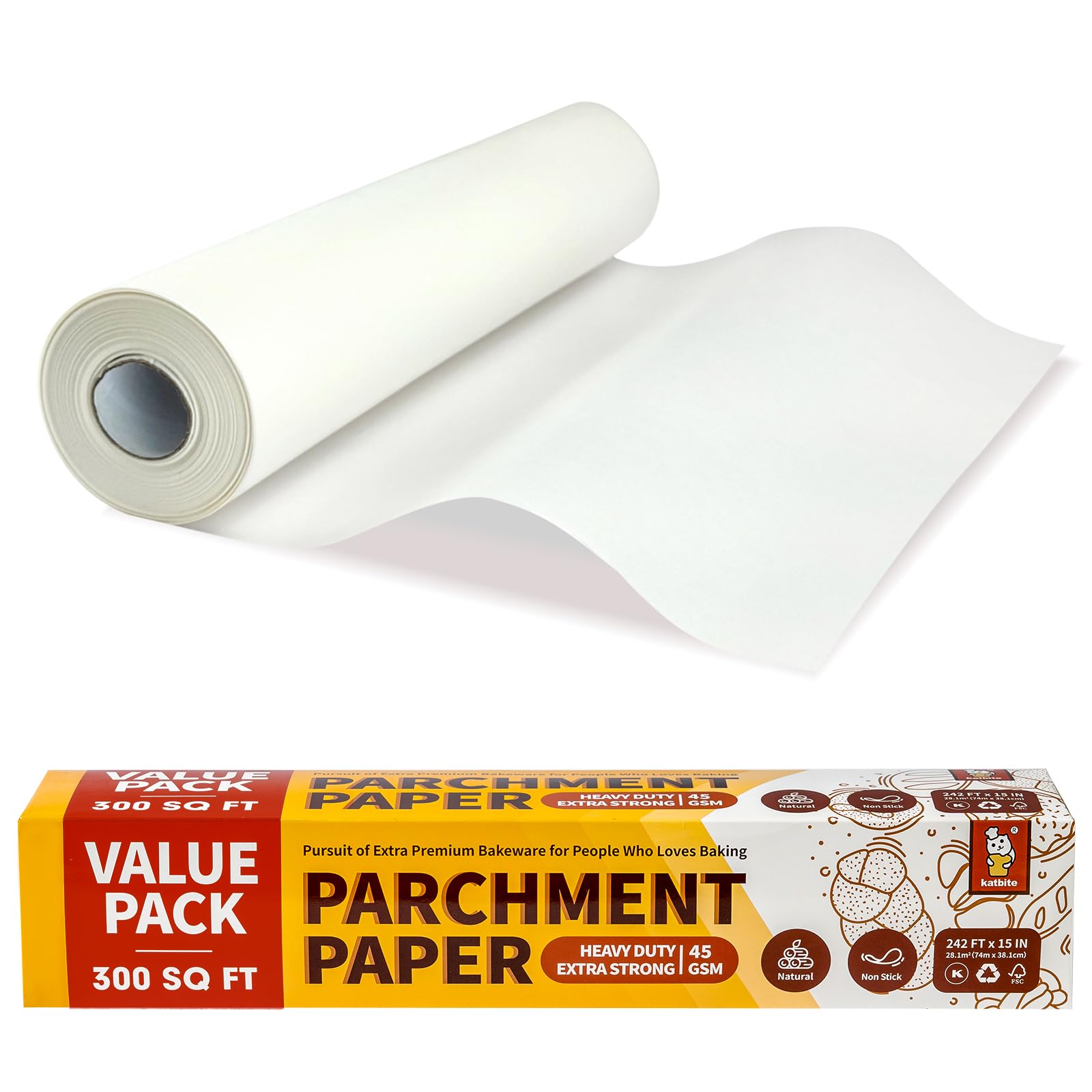 Katbite 15in x 242ft, 300 Sq.Ft Value Pack Parchment Paper Roll for Baking, Parchment Baking Paper with Serrated Cutter, Heavy Duty & Value Pack Roll for Cooking, Air Fryer, Steaming, Bread