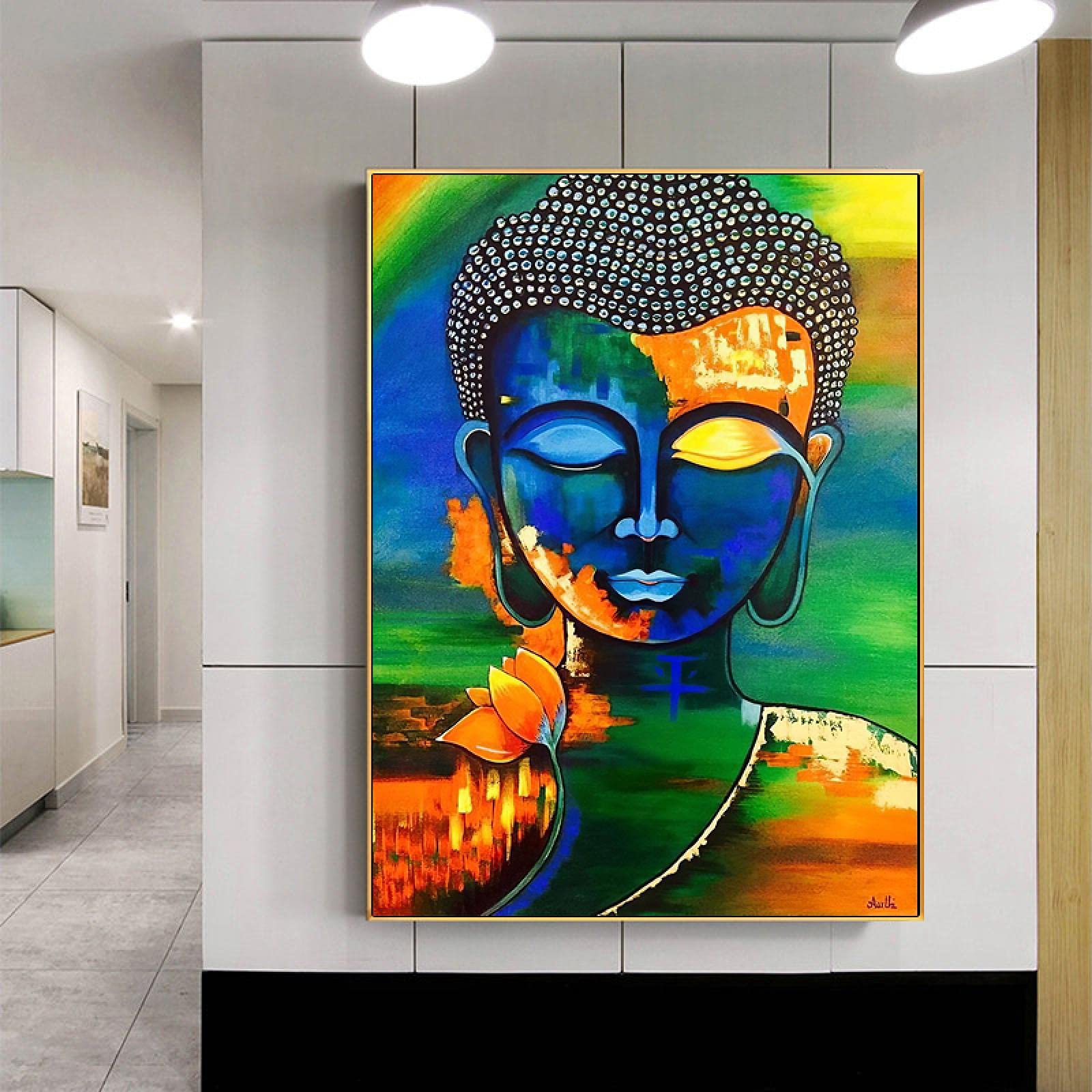 Amazon.co.jp: 抽象的なレトロな仏の顔のキャンバスの絵画仏教の