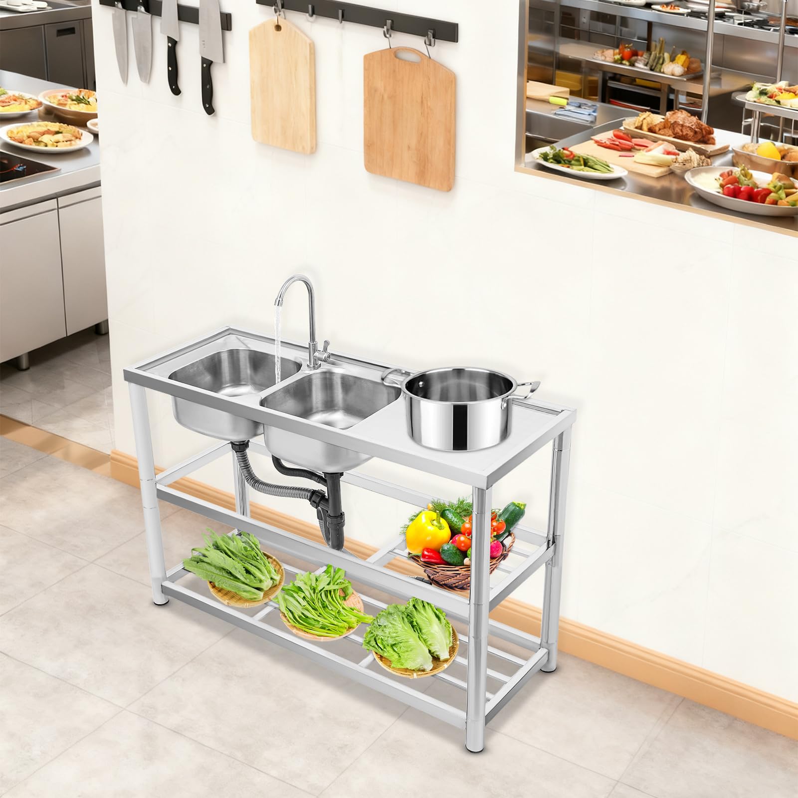 120 cm 2 vasche 3 ripiani Lavello in acciaio inox con rubinetto freestanding per cucina | 201 inox, 2 vasche, 3 livelli, 100 kg, piedi rotondi/quadrati, piletta in acciaio, rubinetto 360°, per pro & casa