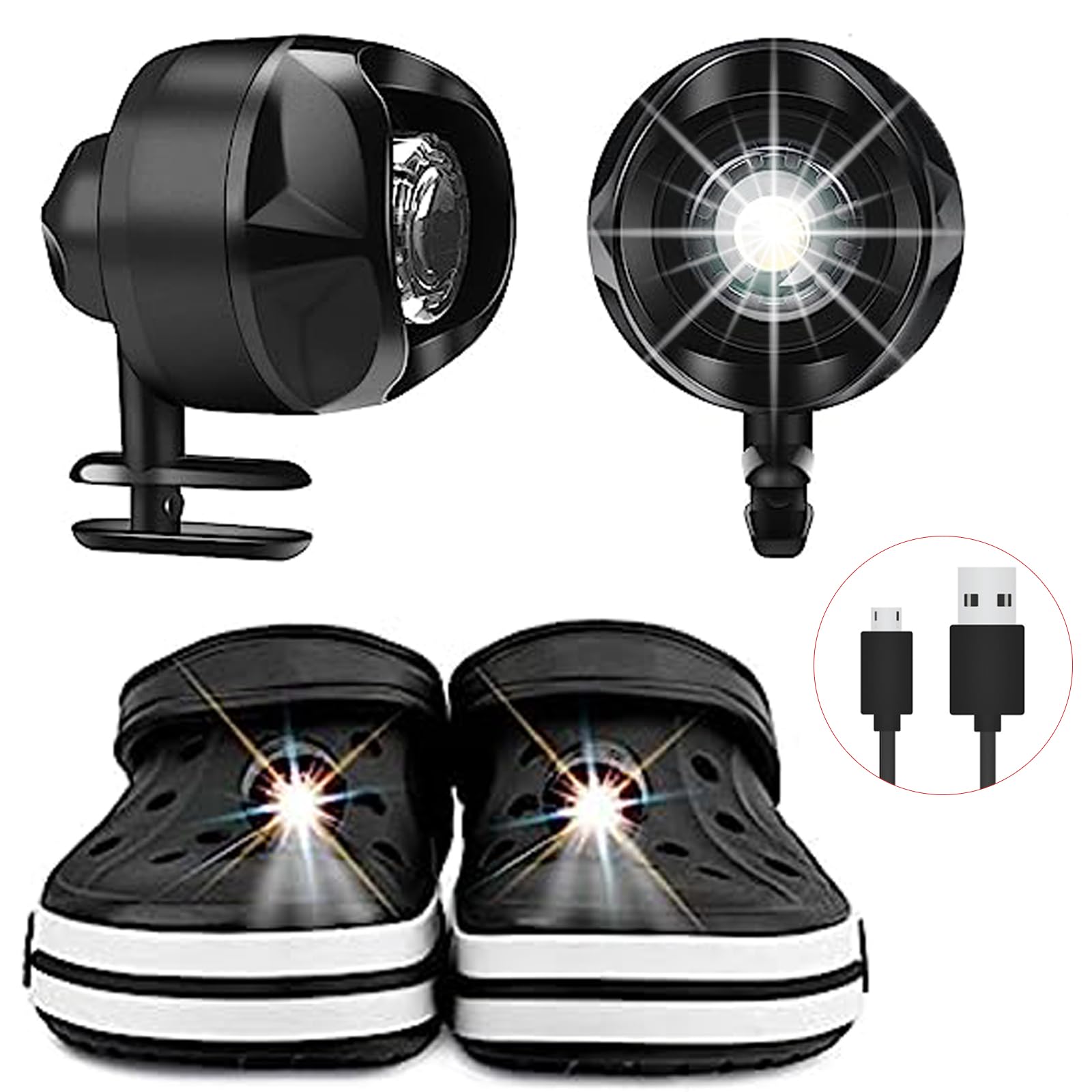 Headlights for Croc, Rechargable LED for Shoes 2Pcs, Waterproof Shoes Lights Charms for Camping, Walking, Dog Walking, 3 Lighting Modes Headlight for Kids Adults, Plastic