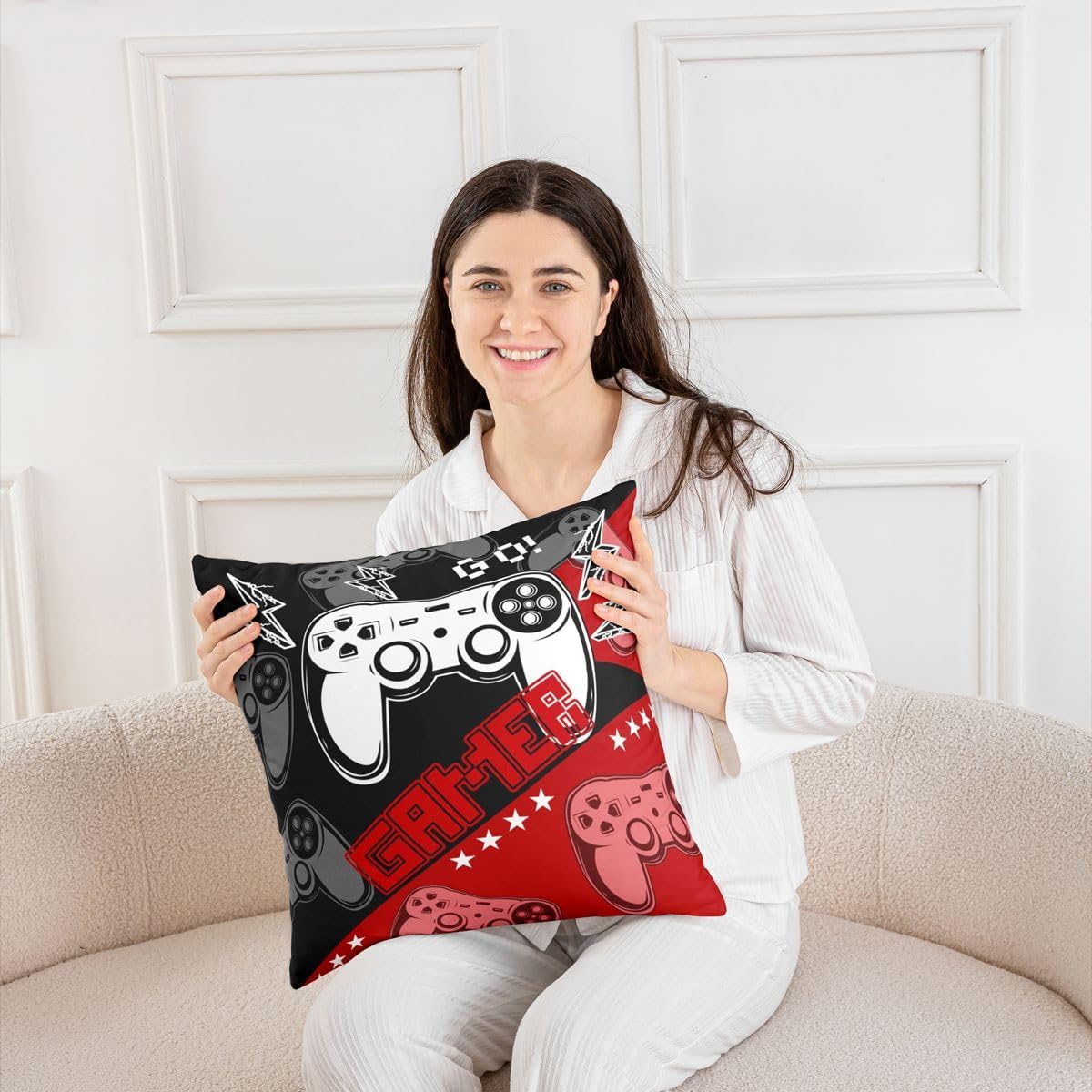 Video Game Throw Pillow Covers Cute Cartoon Gamer Game Controller Pillow Cases for Kids Boys Teens Adults Modern Black Red Grid Hippie Cushion Covers for Housewarming Party 18x18 Inch Set of 2 image 4