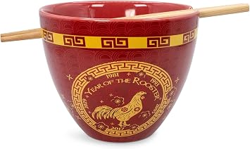 Year Of The Rooster Chinese Zodiac Ceramic Dinnerware Set | Includes 16-Ounce Ramen Noodle Bowl and Wooden Chopsticks | Asian Food Dish Set For Home & Kitchen | Kawaii Lunar New Year Gifts