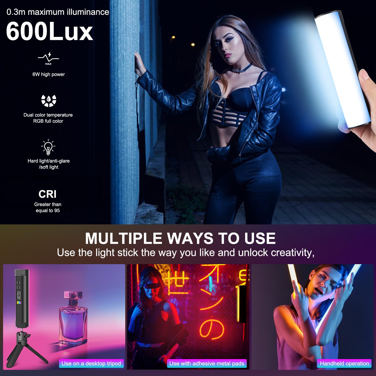 PULUZ Bacchetta luminosa magnetica portatile, 17 cm, 360 °, con batteria ricaricabile da 2000 mAh e 2500-9000 K per streaming, fotografia in studio, TikTok, YouTub