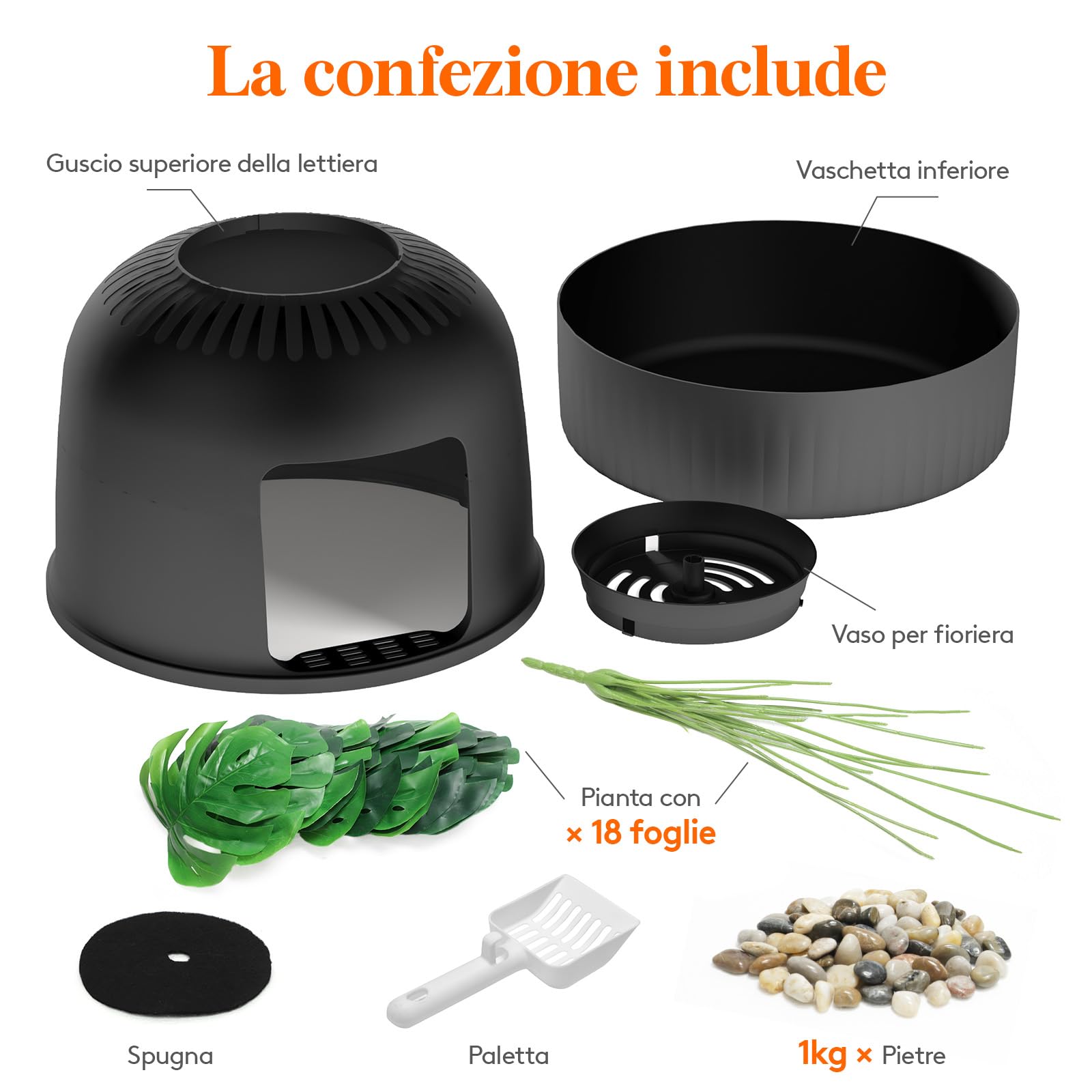 Lifewit Lettiera Gatto con Deodorante e Filtro a Carboni Attivi, Toilette per Gatti per Soggiorno, Camera da Letto e Angoli, Lettiera a Forma di Vaso con Pianta Finta e Paletta, 48 x 120 cm, Nera