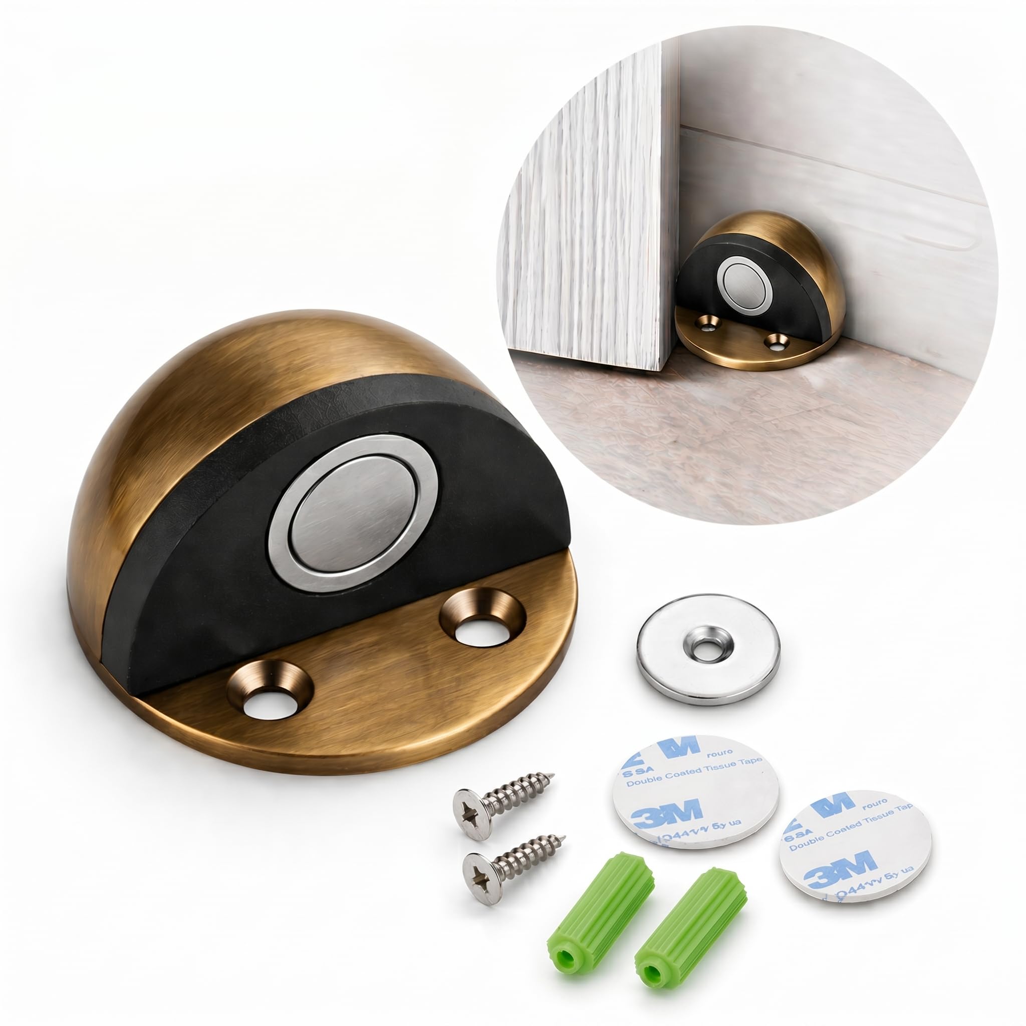 Premium 304 Stainless Steel Dome Door Stopper with Magnetic Plate and Antique Brass Finish - Adhesive & Screw Mounted No-Drill Wall Protector for Glass, Wooden, and Metal Doors with Rubber Buffer