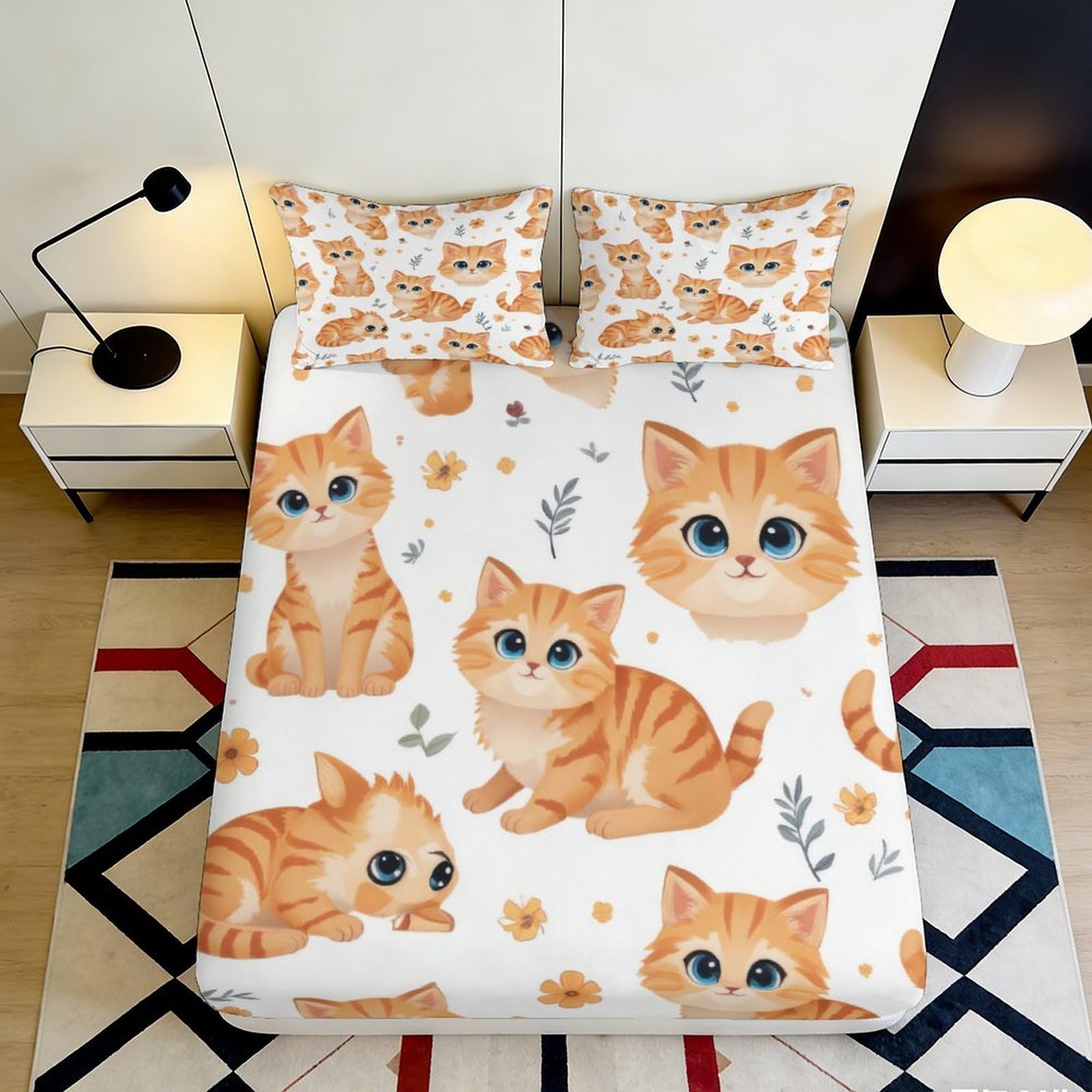 3D Printed Orange Cat Fitted Sheet Microfiber Bedroom Decor Cute Kitten Bed Cover for Adult Youth Guest Room Mattress Protection Washable 90x200x25cm