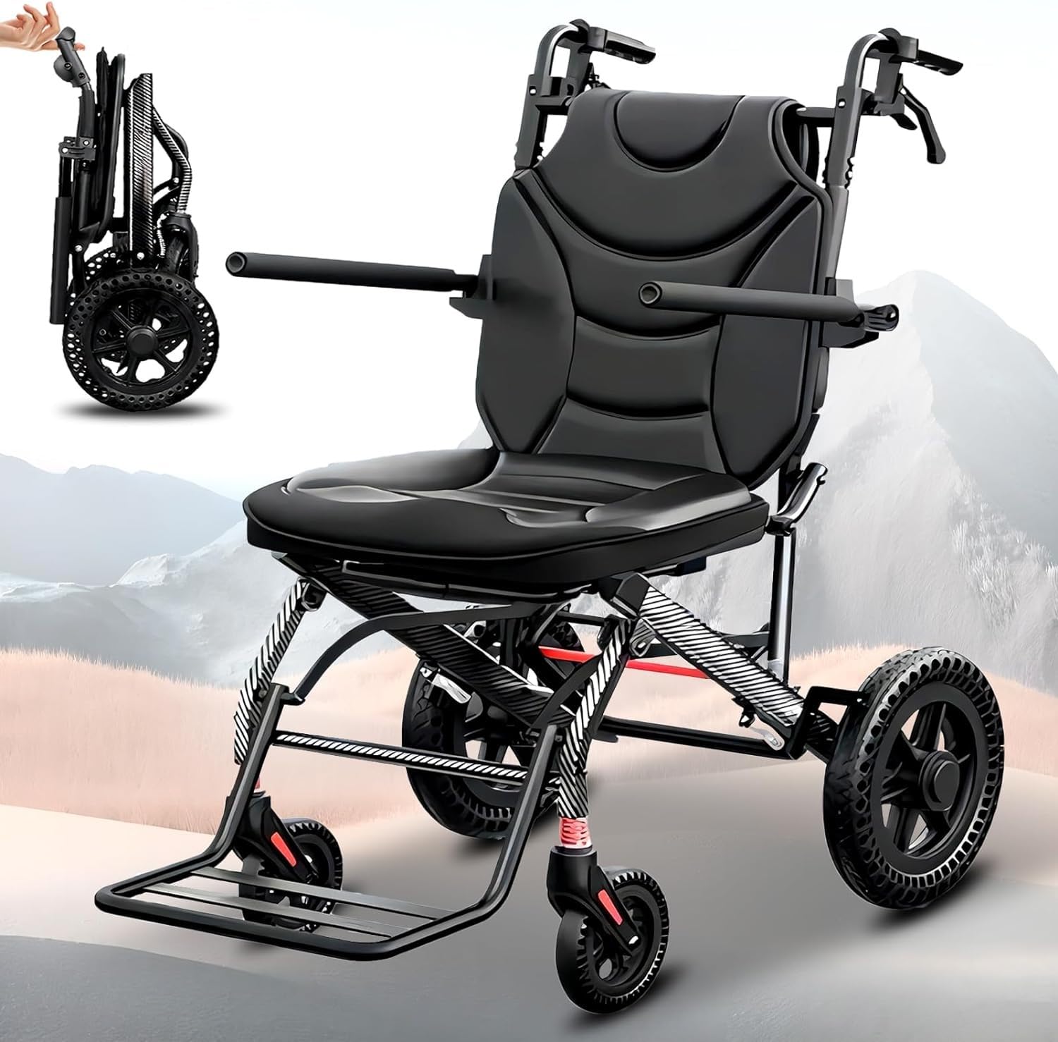 SXSLTSA Wheelchair Foldable Lightweight Folding Transport Wheelchair, Narrow Rollator for Home, Seat Width 43 cm, Footrests and Armrests Foldable, Travel Wheelchair, Wheelchairs Load Capacity 150 kg