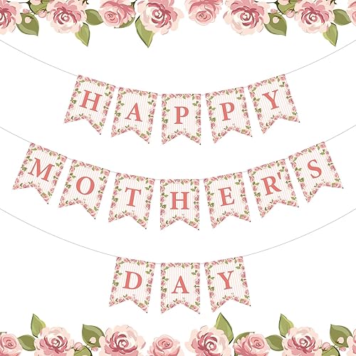 Whaline Juego de 3 pancartas para el Día de la Madre, con texto en inglés «Happy Mother's Day» con cola de pez, guirnalda floral rosa premontada