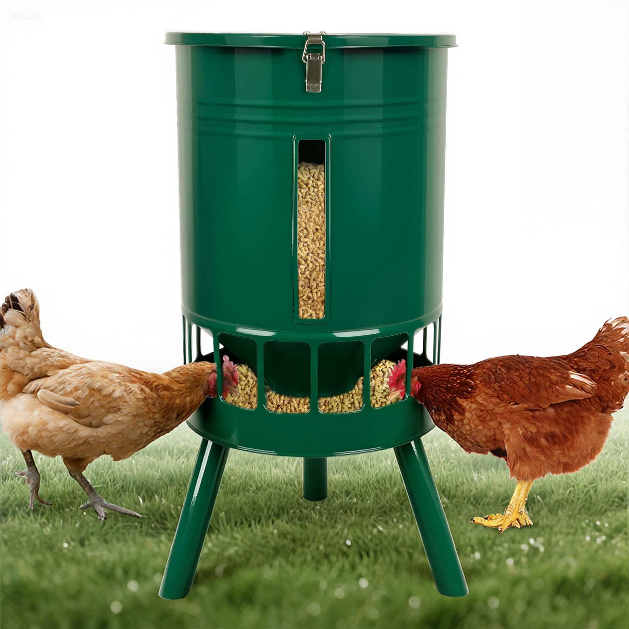 KOL Mangiatoia per polli in metallo, 22,7 kg, nessun spreco, nessun intasamento, design con 16 porte e flusso gravitativo liscio, verniciata a polvere antiruggine per uso Coop (verde)