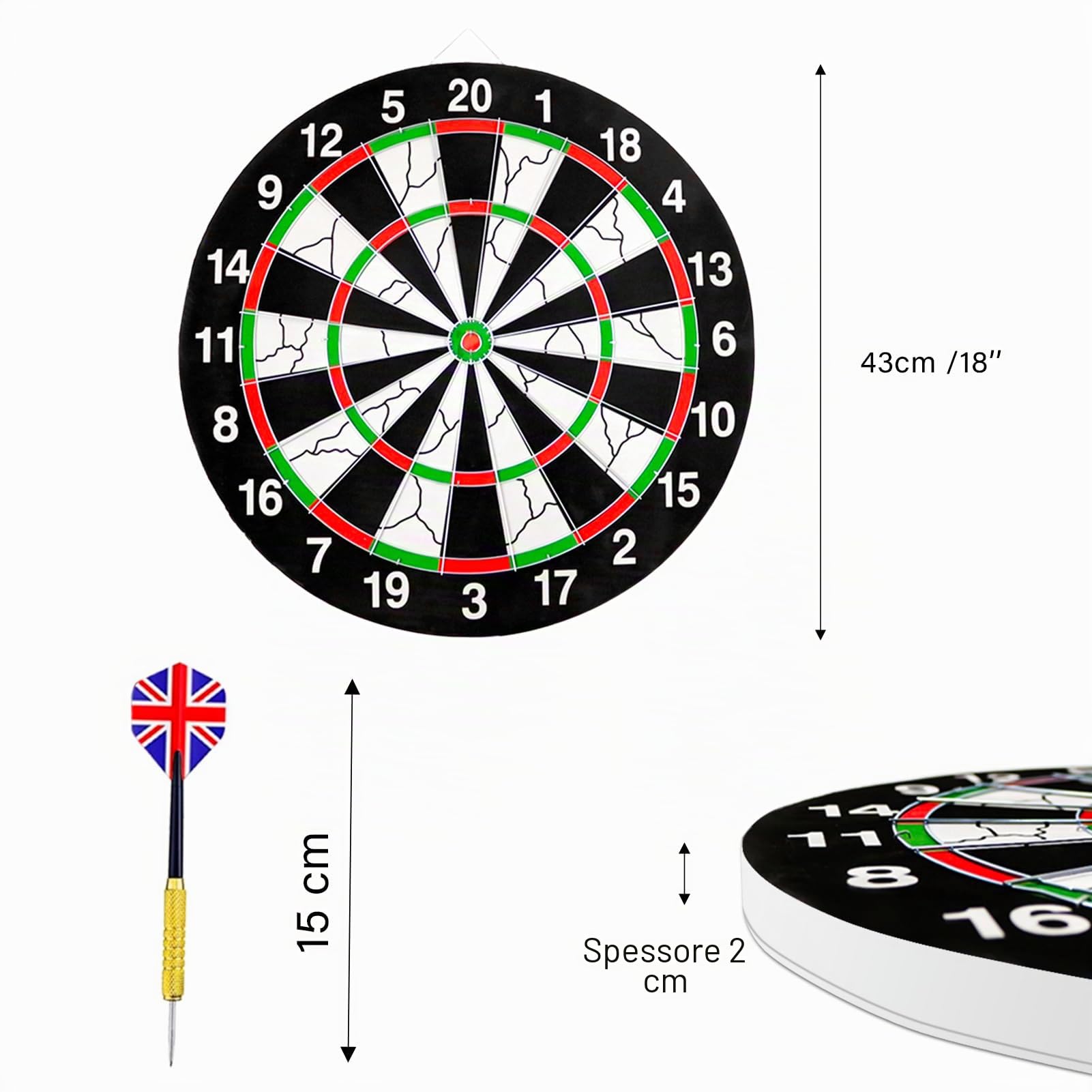 Bersaglio per freccette da 43 cm, doppio lato, spessore 2 cm, set da 9 freccette