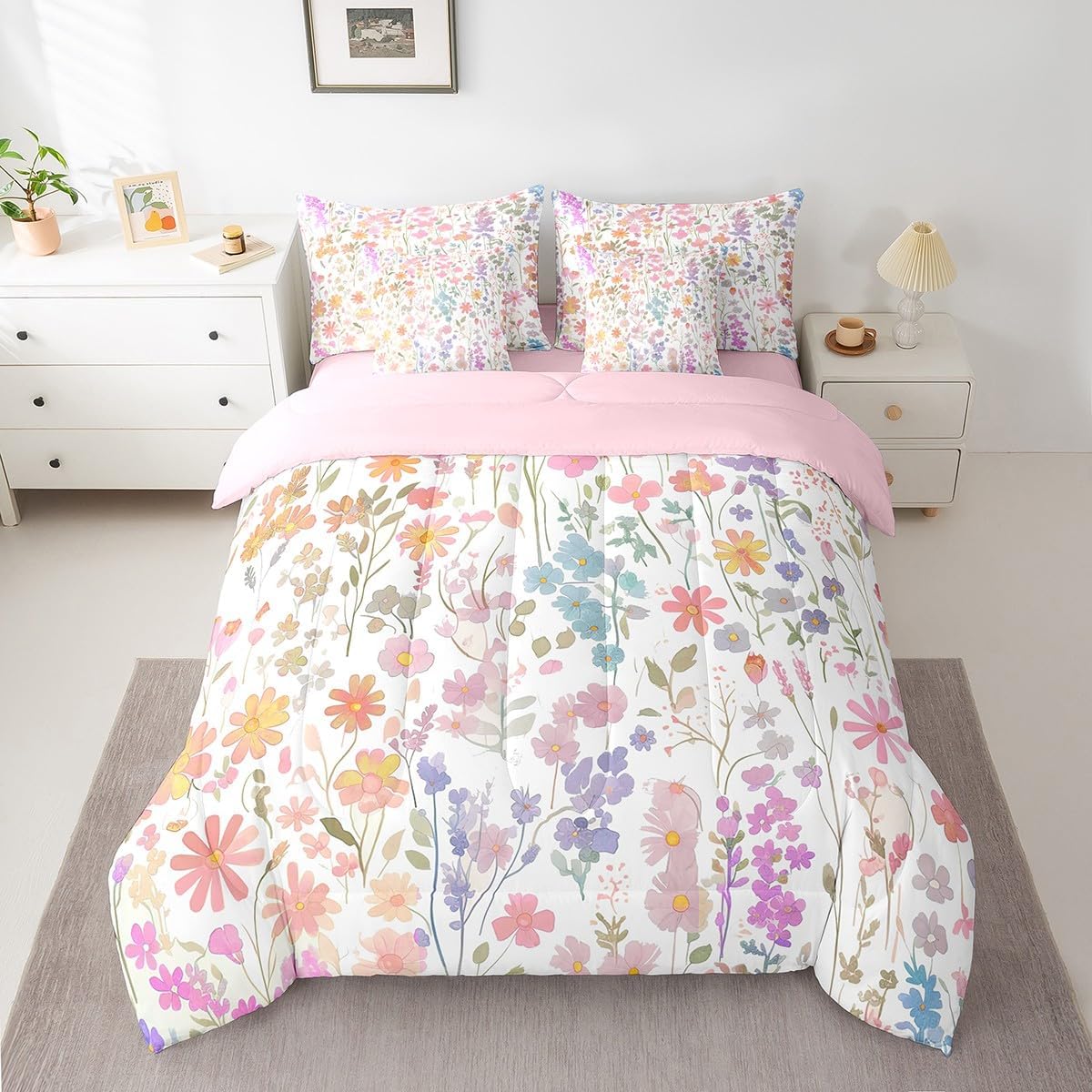 Erosebridal 7 Piece Cute Pink Floral Comforter Set Twin with Sheets,Boho Colorful Flower Bedding Set for Kids Girls Women,Bohemian Wildflower Bed Set Rustic Flowers Bed in a Bag with Pillowcases