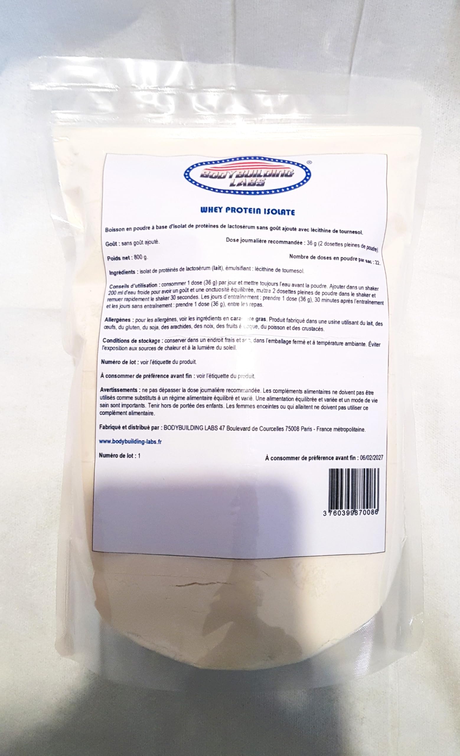 Whey Protein Isolate sans arôme 800 g | 87% de protéines, contient du calcium, magnésium, phosphore, potassium | Par dose : 31,39 g de protéines, 7,17 g de Bcaa et 5,41g de Glutamine