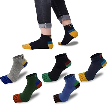 Mens Five Toe Socks, Cotton, Short Socks, Sports, Running, Sweat Absorbent, Quick Drying, 5 Toe Socks, Foot Cover, Ankle Length, Crew Length, 5 Pairs, 5 Colors Set, 9.8 - 11.0 inches 25