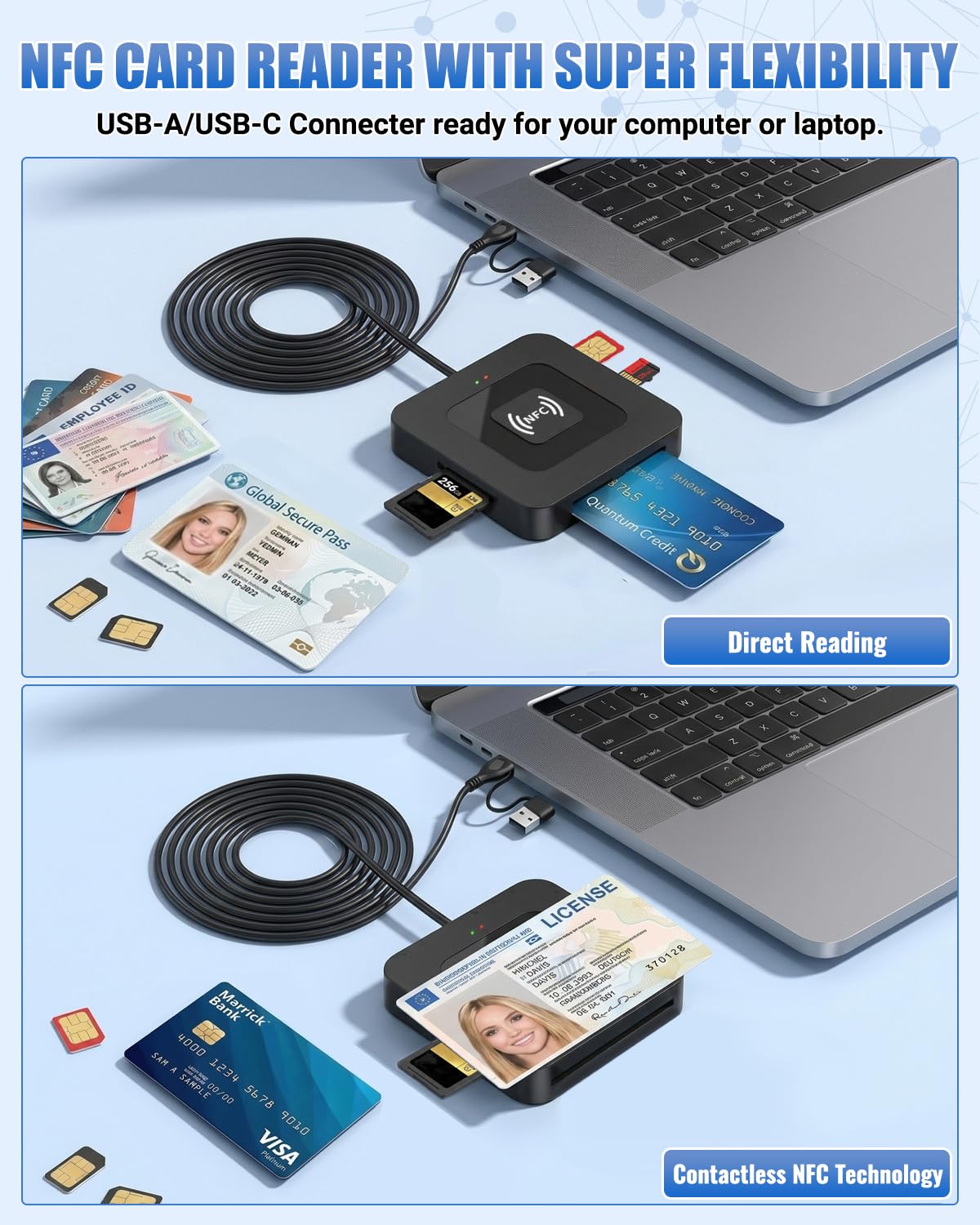 2 IN 1 USB-A& USB-C Chipkartenleser mit NFC- Smart Card Reader/SIM/SD/TF Kartenlesegerät- kompatibel mit Mac OS X+ Windows 11+ Linux, Android-für den neuen Personalausweis Gesundheitskarte Bankkarten