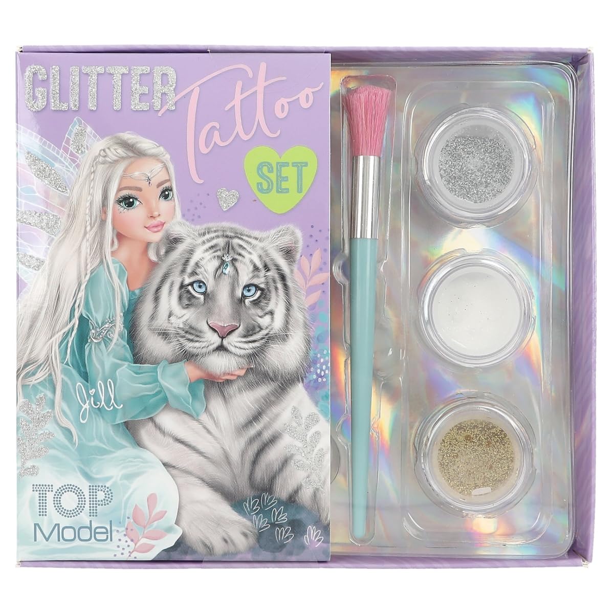 Depesche 12518 TOPModel Fantasy Tiger - Set de Tatuaje de Purpurina para niños con 30 Tatuajes Adhesivos, 1 Pincel y 3 Polvos de Purpurina en Plata, Blanco y Dorado