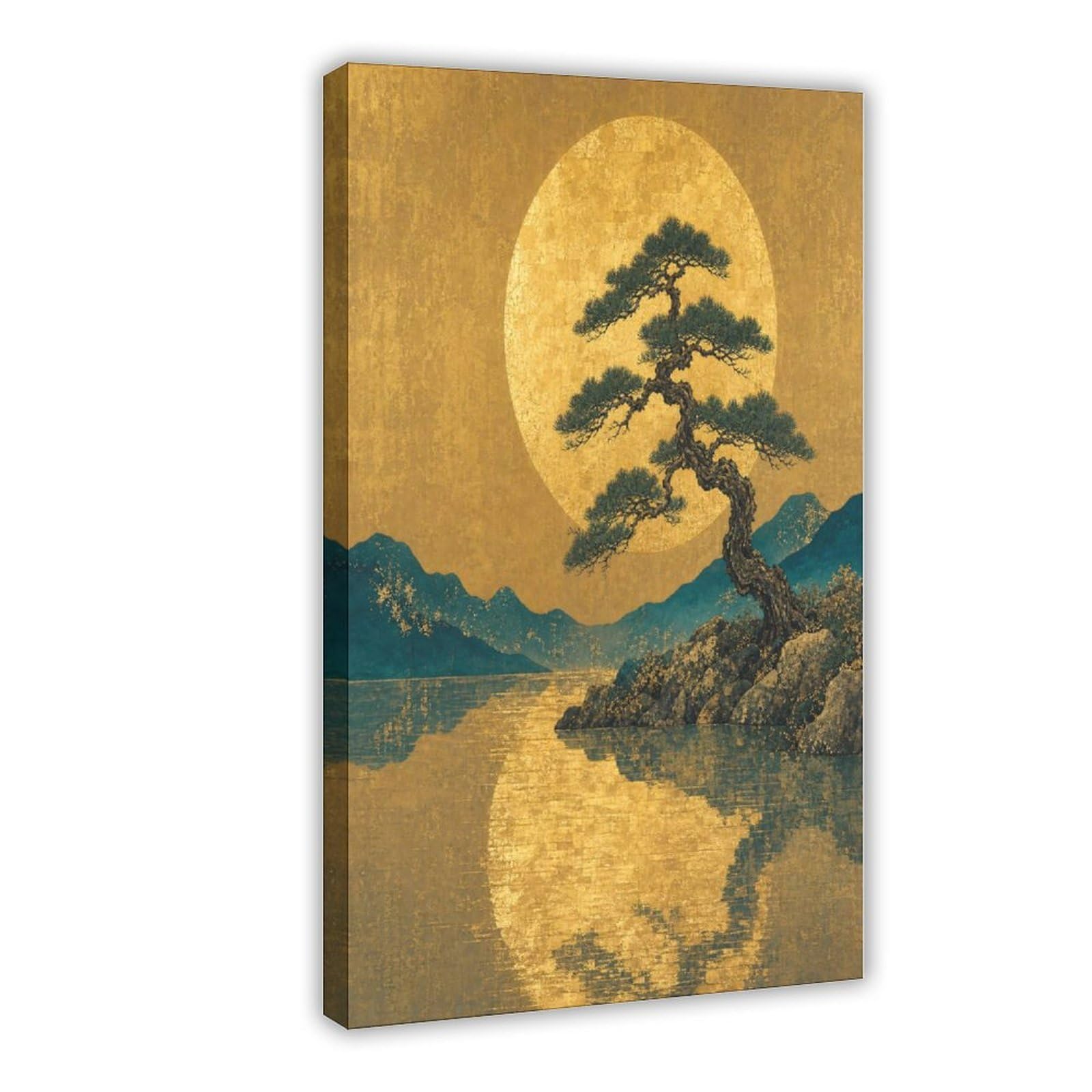 H3b8u2y5 Frame-Style-3 Golden Moon Pine Landscape Canvas Wall Art, Japanese Art