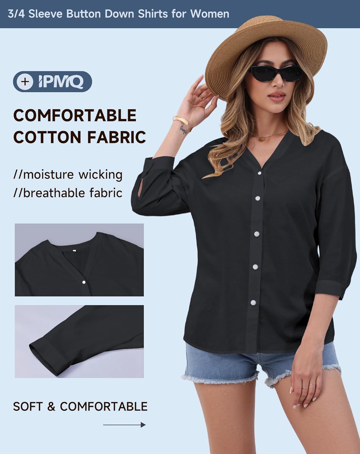 Womens Cotton Button Down Shirts 3/4 Sleeve Casual Loose Fit V Neck Stylish Breathable Summer Spring Blouses Top - Image 5
