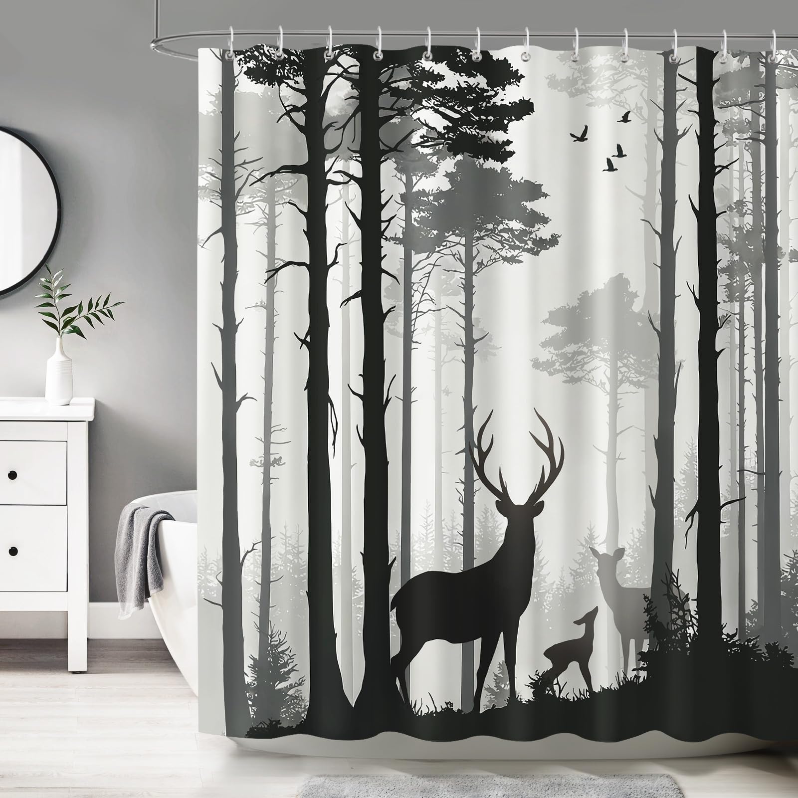 Dazzlewall Deer Forest Shower Curtain, Rustic Pine Trees Bathroom Curtain Waterproof Mould Resistant Fabric with 12 Hooks, 180 x 180 cm