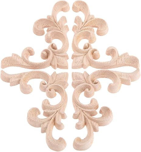 Miniatura 7 de MUXSAM Apliques decorativos de madera, 2 pares de flores talladas de madera sin pintar para armarios, cofres, espejos, cajas, puertas, paredes,
