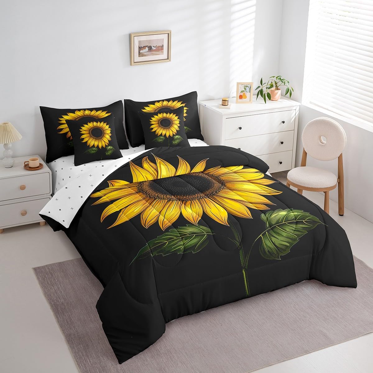 Sunflower Reversible 7 Pieces Comforter Set Full Size,Yellow Floral Green Leaves Bed Sheet Set Romantic Botanical Black Bedding Set with Comforter,Fitted & Flat Sheet