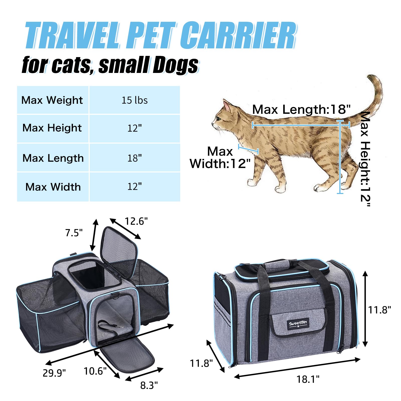 SweetBin 2 Sides Travel Expandable Pet Carrier Bag (Large), Airline