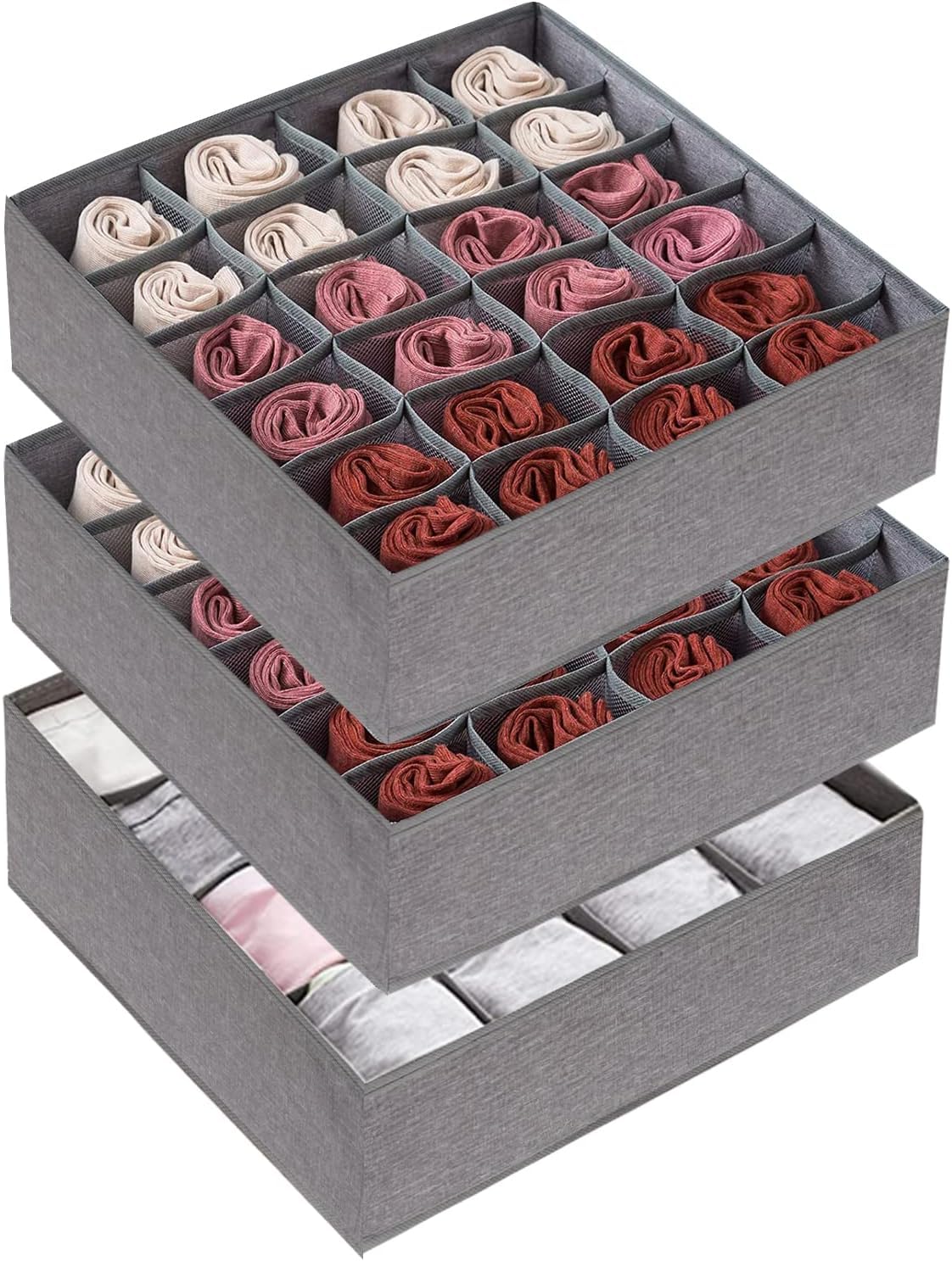 PACSCI 3-Piece Bra & Underwear Drawer Organizer Dividers, Multi-Compartment Fabric Foldable Dresser Wardrobe Organizer & Storage Box for Baby Clothes, Bras, Socks, Underwear, Neckties (24+24+16 Mesh)