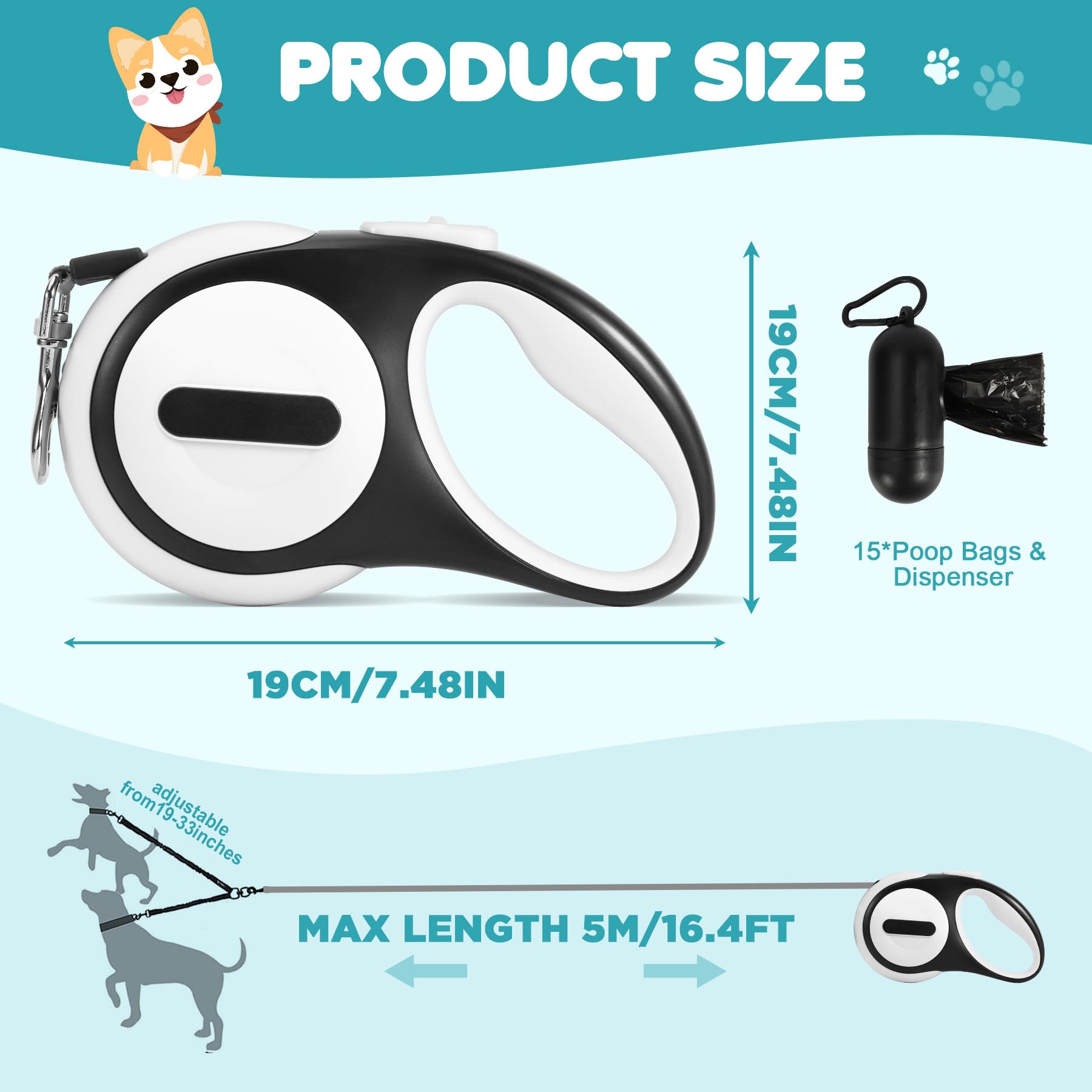Laisse double rétractable pour 2 grands chiens (jusqu'à 65 kg chacune), laisse à 2 têtes avec sacs à déjections canines et lumière LED rechargeable, pivot sans nœuds, verrouillage à un bouton (vert