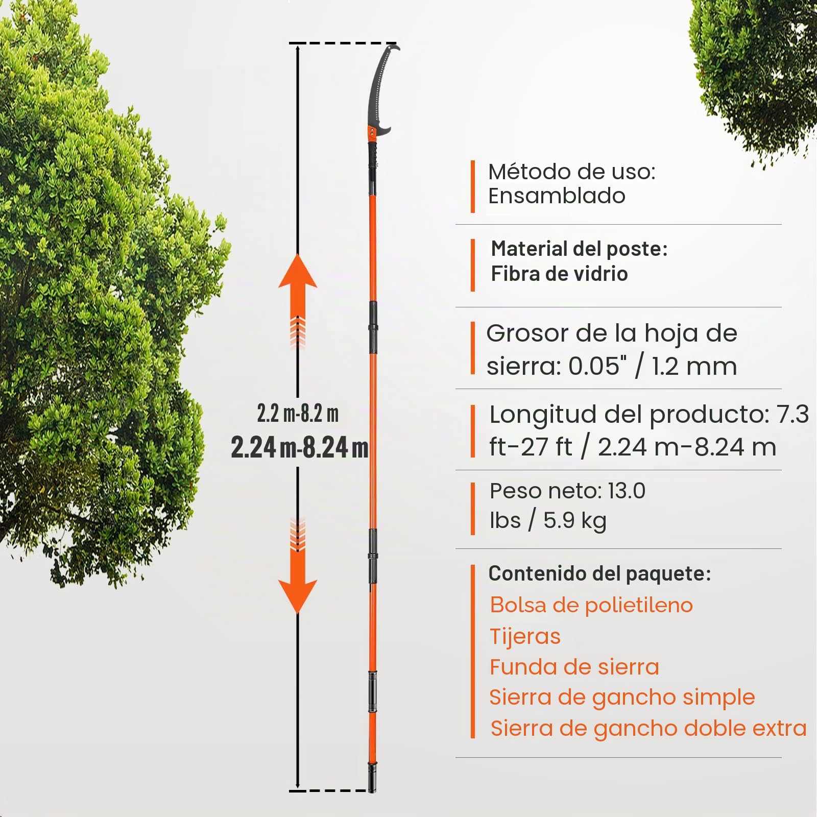 VEVOR Sierra de Poda Telescópica Sierra de Pértiga Extensible de 2,24-8,24m Sierra de Poda con Hoja de Acero Afilada con 8 Postes Tijeras de Fibra de Vidrio para Cortar Ramas Altas para Podar Palmeras
