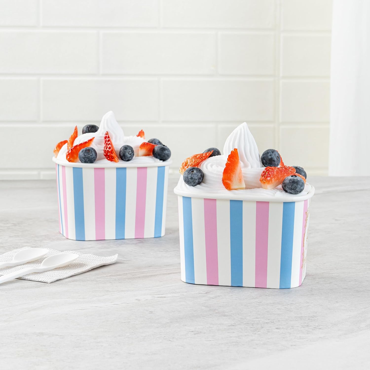 Restaurantware Paper Cups 200 Count 12 Ounce Square Disposable Ice Cream Containers, Leak-Resistant Paper Dessert To Go Cups, Hot And Cold Food, Durable Pink And Blue Stripe Design