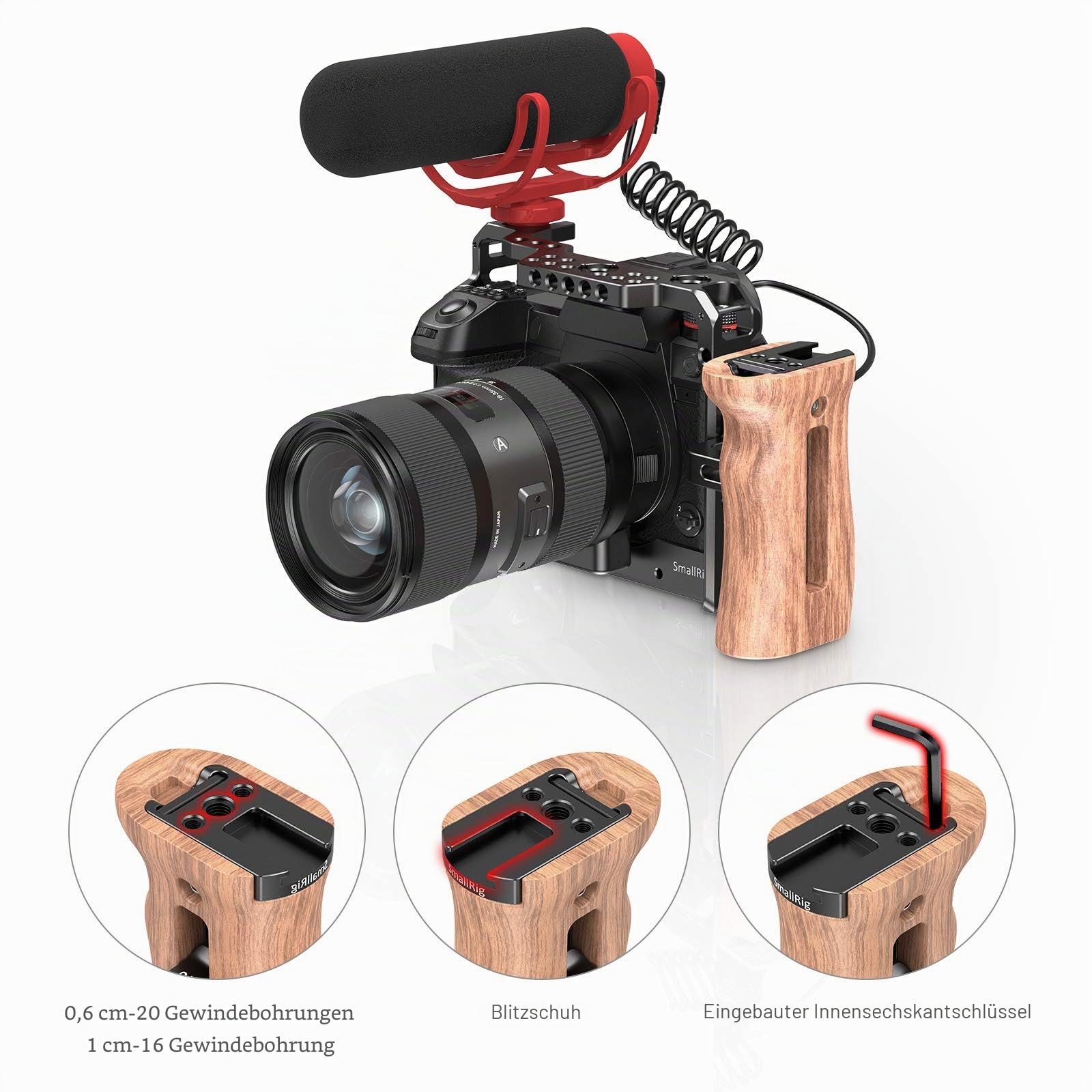 SMALLRIG Universal Wooden Handle mit Threaded Holes und Cold Shoe Holder Verstellbarer Griff für Kamera Cage - 2093C
