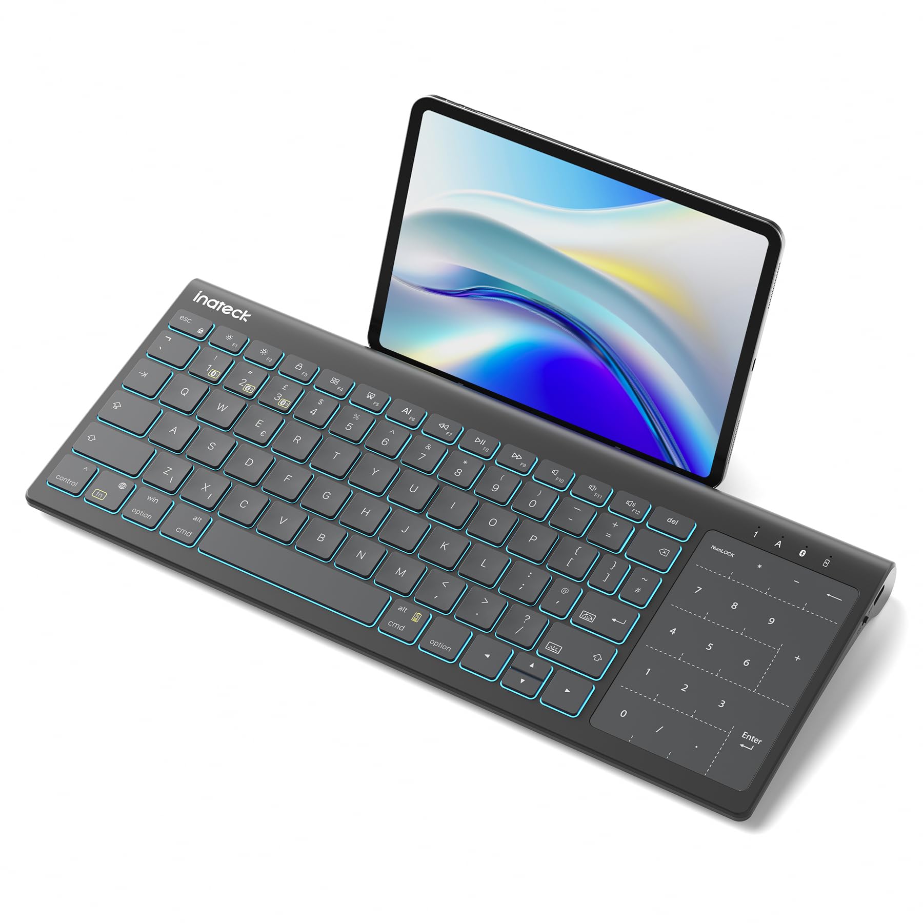 Inateck Tastiera Bluetooth per tablet, tastiera numerica 2 in 1 e touchpad, retroilluminazione a 7 colori e supporto nascosto, 3 canali BT, compatibile con iPad 10/9/iPad Pro/iPad Air/Samsung/Android