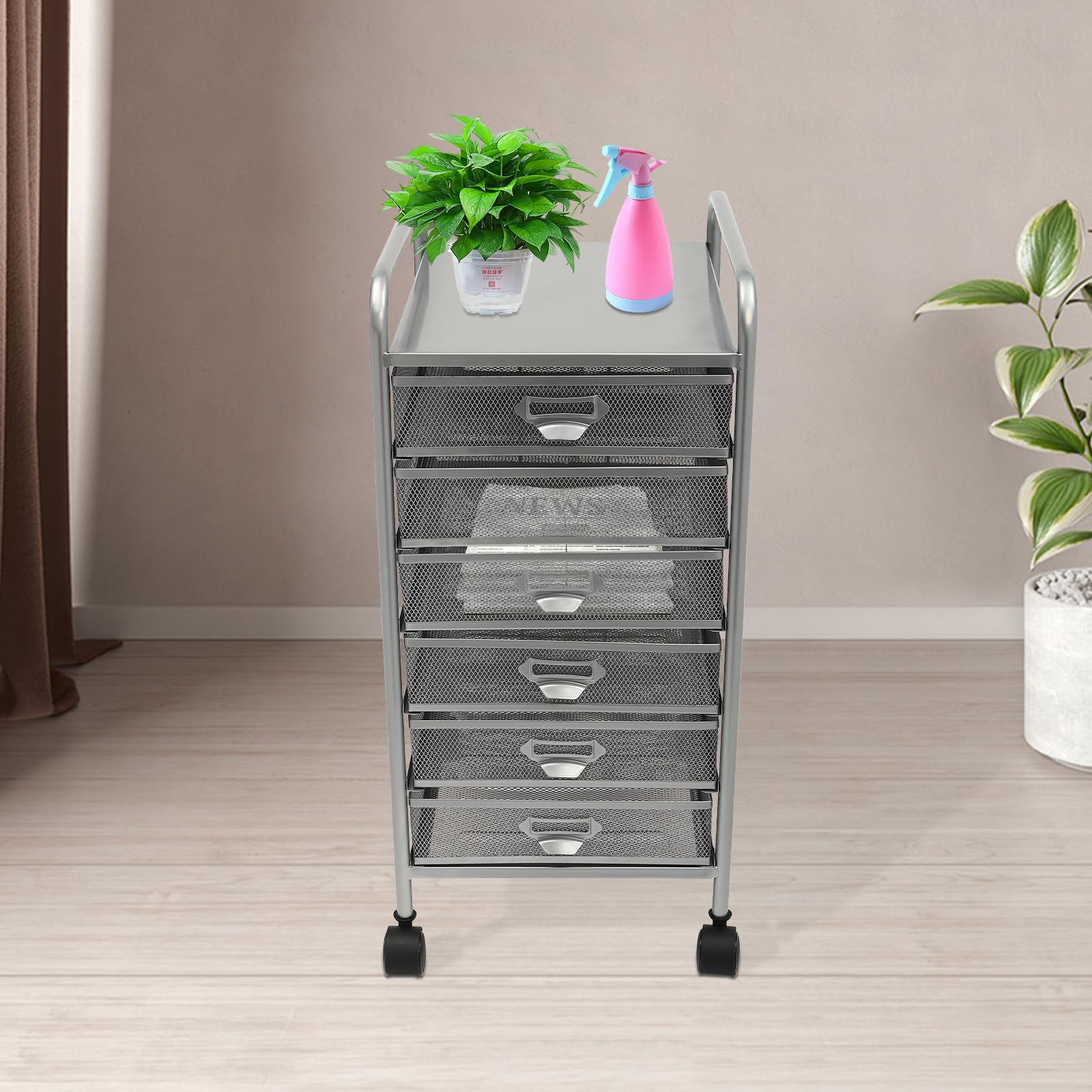Archivador rodante con 5 o 6 cajones, Organizador de Manualidades con Ruedas, Almacenamiento Delgado para Maquillaje y Utensilios de Cocina (Plateado, 6 Niveles)