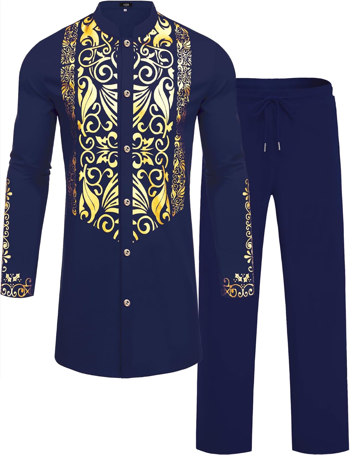 Mens African 2 Piece Sets Dashiki Metallic Traditional Suit Gold Stamp Printed Shirt and Pants Outfit