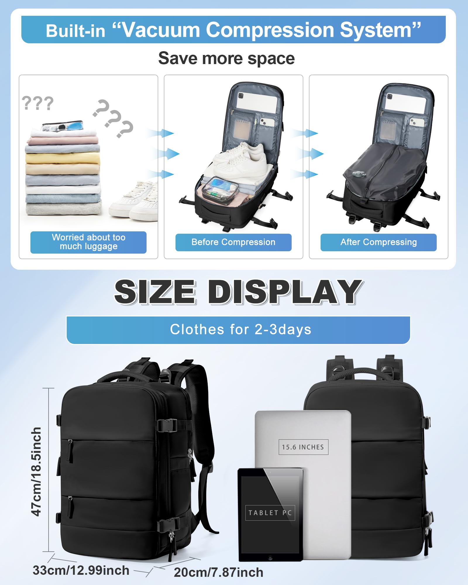 BJLFS Borse da Cabina per Ryanair 40x30x20 Bagaglio a mano Sottovuoto 40x20x25 Zaino da Viaggio con Sottovuoto impermeabile Donna Zaino Easyjet 45x36x20 Zaini Wizzair con porta scarpe