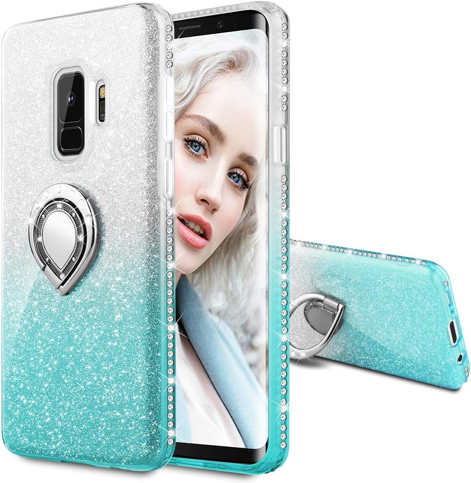 Maxdara Case for Galaxy S9 Glitter Case Ring Grip Holder Gradient Kickstand Series Bling Sparkle Diamond Rhinestone Bumper Luxury Pretty Fashion Girls Women Case Galaxy S9(Silver Teal)