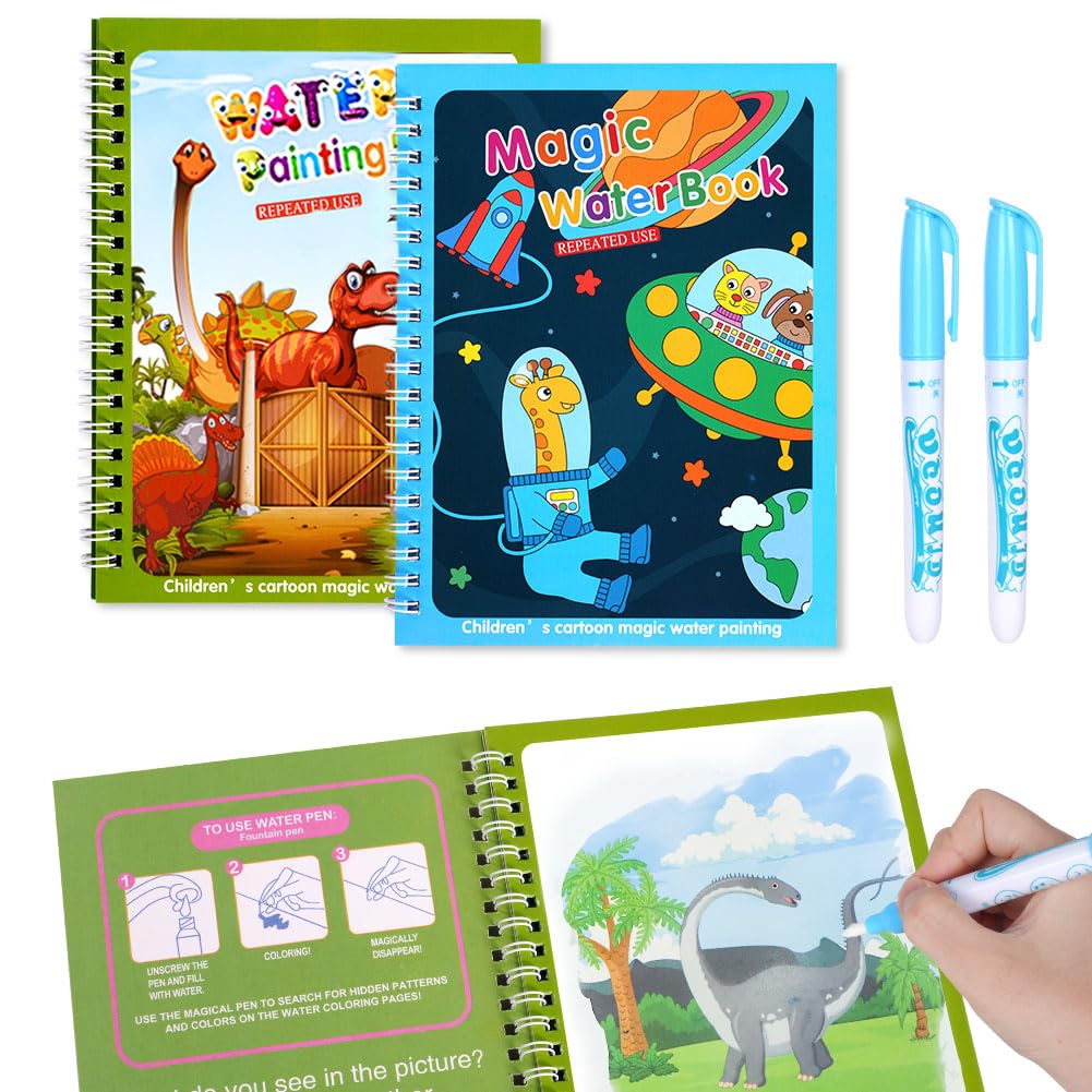 OSDUE 2 Stück Wassermalbuch, Wiederverwendbar Wasser Malbuch, Magic Water Coloring Book Malbuch mit Wasserstift Wasserzauber malbuch Für Kinder 3 4 5 6 Jahre alte Jungen Mädchen