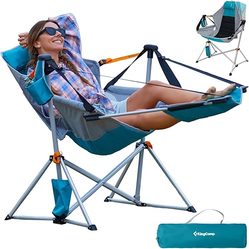 KingCamp Silla hamaca con reposapiés, sillas de camping plegables portátiles oscilantes para adultos, máximo 400 libras, resistente, plegable, de