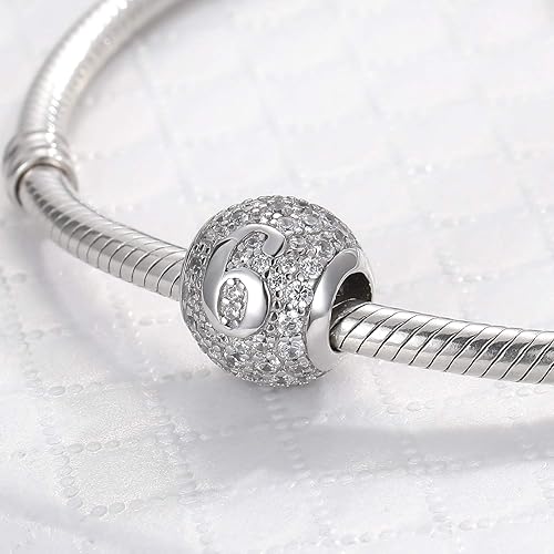 Miniatura 2 de Dijes de plata de ley 925 con números 0-1-2-3-4-5-6-7-8-9 para pulsera Pandora, joyería de número de la suerte, circonita cúbica, cuentas