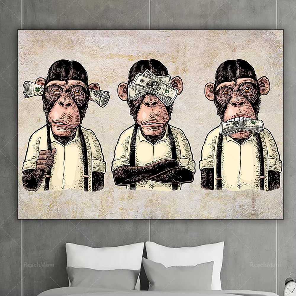 IHHGNB Three Wise Monkey Wall Art, Can't Hear or Talk About Evil Canvas, 3 Panel Funny Monkey Street Art, Graffiti Poster(70x90cm(26x35in)/No frame)