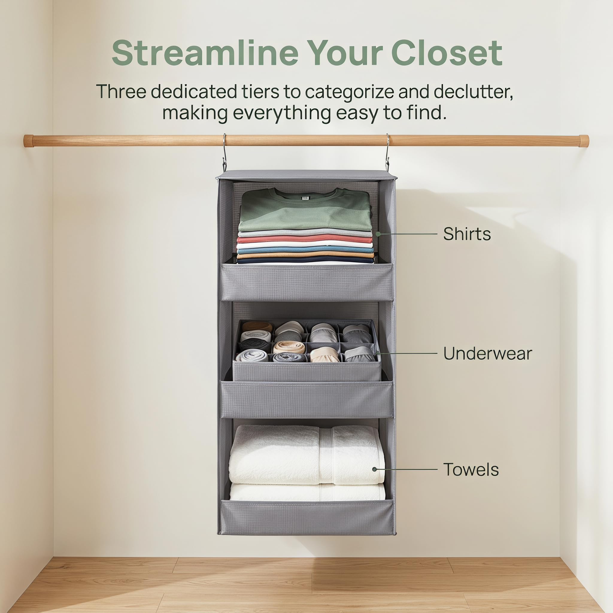 1 organizer da appendere con 3 scomparti, organizer da appendere, organizer per guardaroba, scaffale sospeso, pieghevole, in tessuto per armadi, campeggio, 30 x 30 x 60 cm, grigio