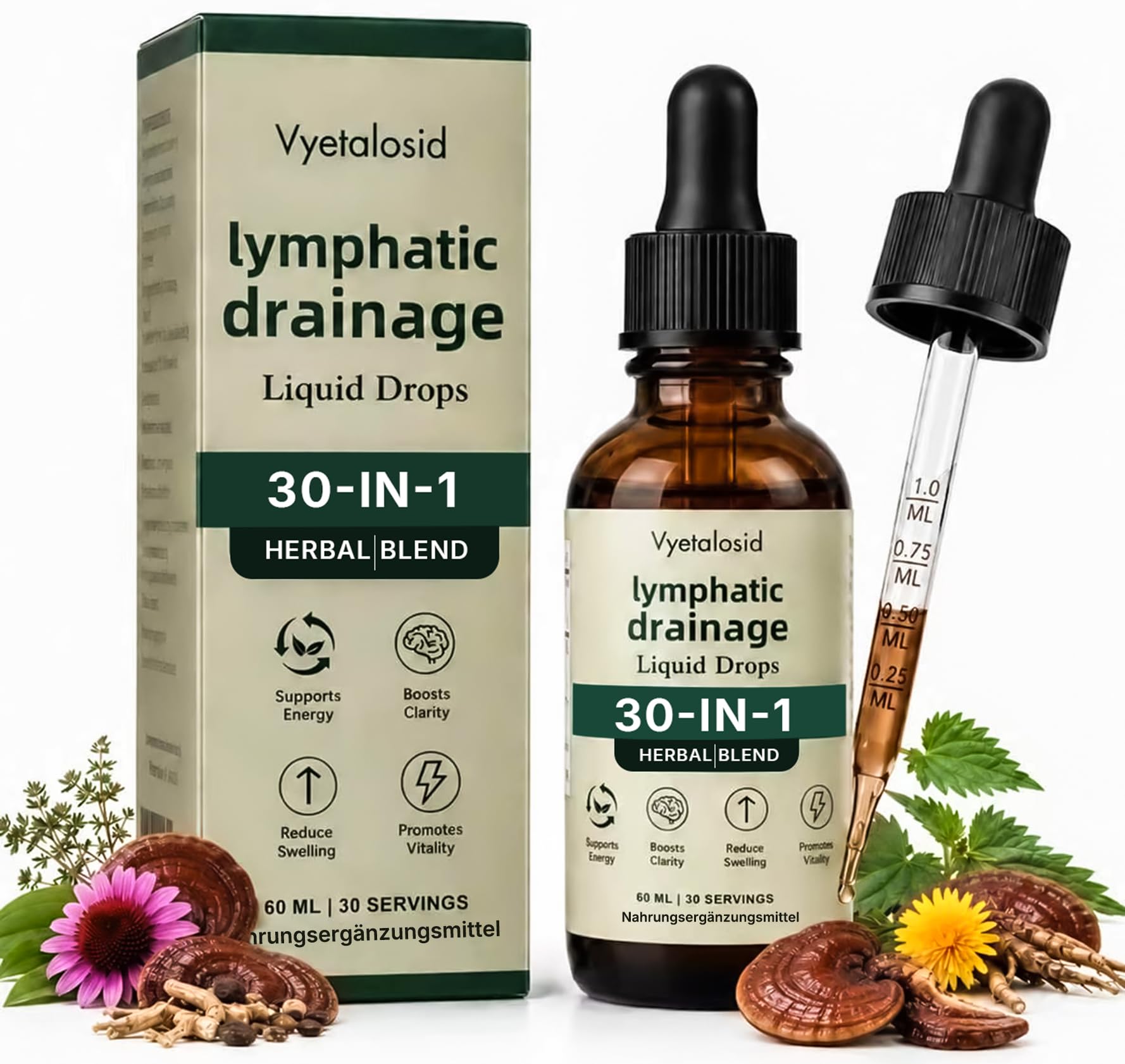 30-in-1 Lymphdrainage Tropfen,unterstützt das Immunsystem,reinigt und entgiftet, natürlicher Extrakt – Lebergesundheit mit Kletten-Labkraut, Löwenzahn,Brennnesselblätter（60 ml）