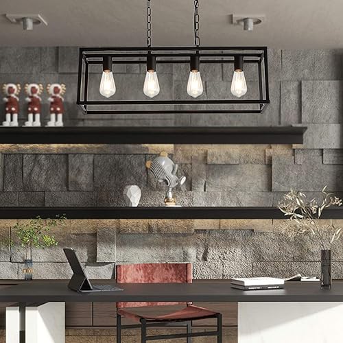 Miniatura 4 de LIGOTFIRE Candelabros modernos rectangulares negros de 3 luces para comedor, accesorios de iluminación colgantes, jaula de isla de cocina, colgante