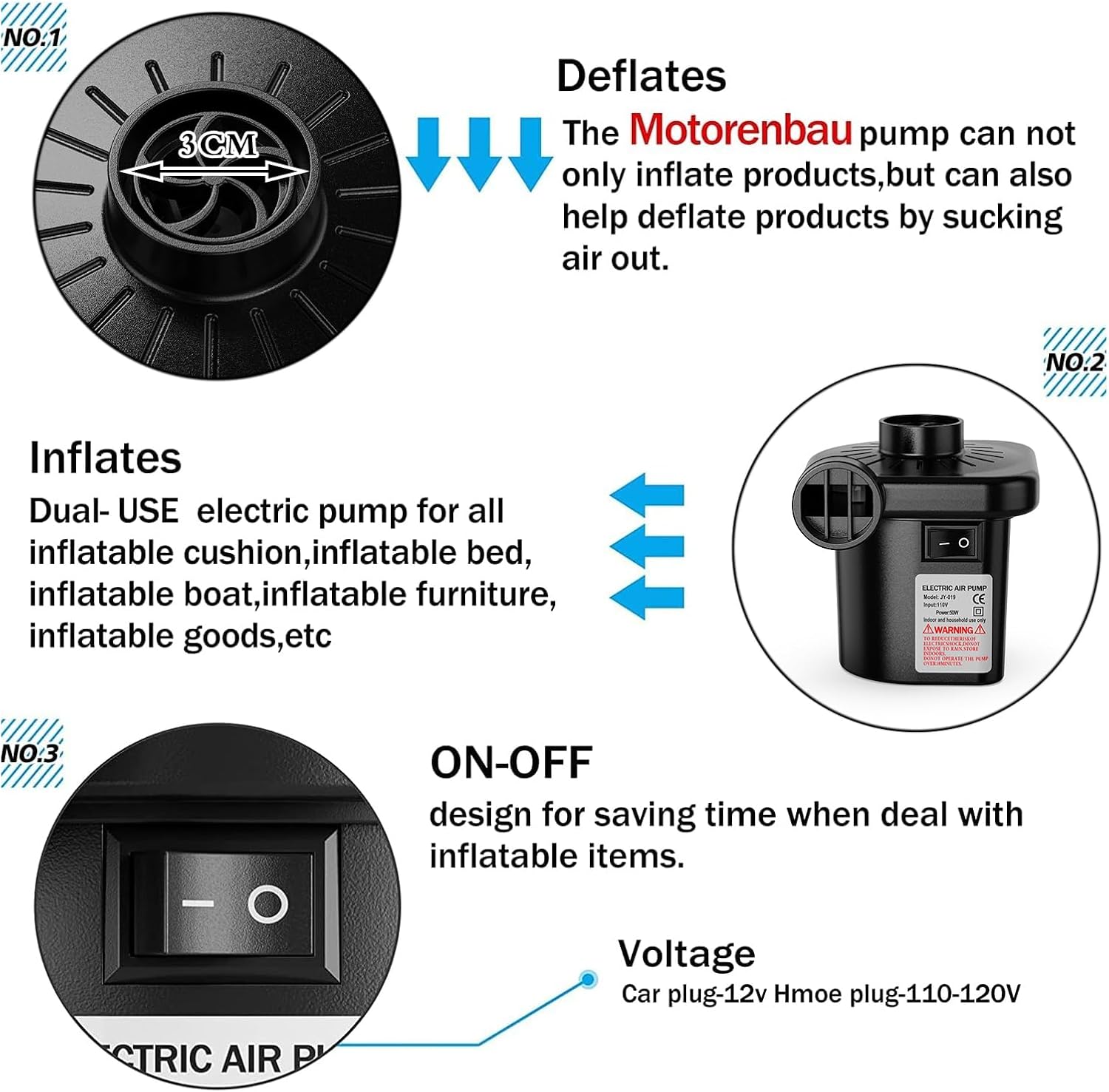 Electric Air Pump for Inflatables,Portable Quick-Fill Air Pump with 3 Nozzles,110-120V, Inflator & Deflator Pumps for Outdoor Camping, Air Mattress Beds,Boats,Inflatable Cushion,Couch,Pool Floats