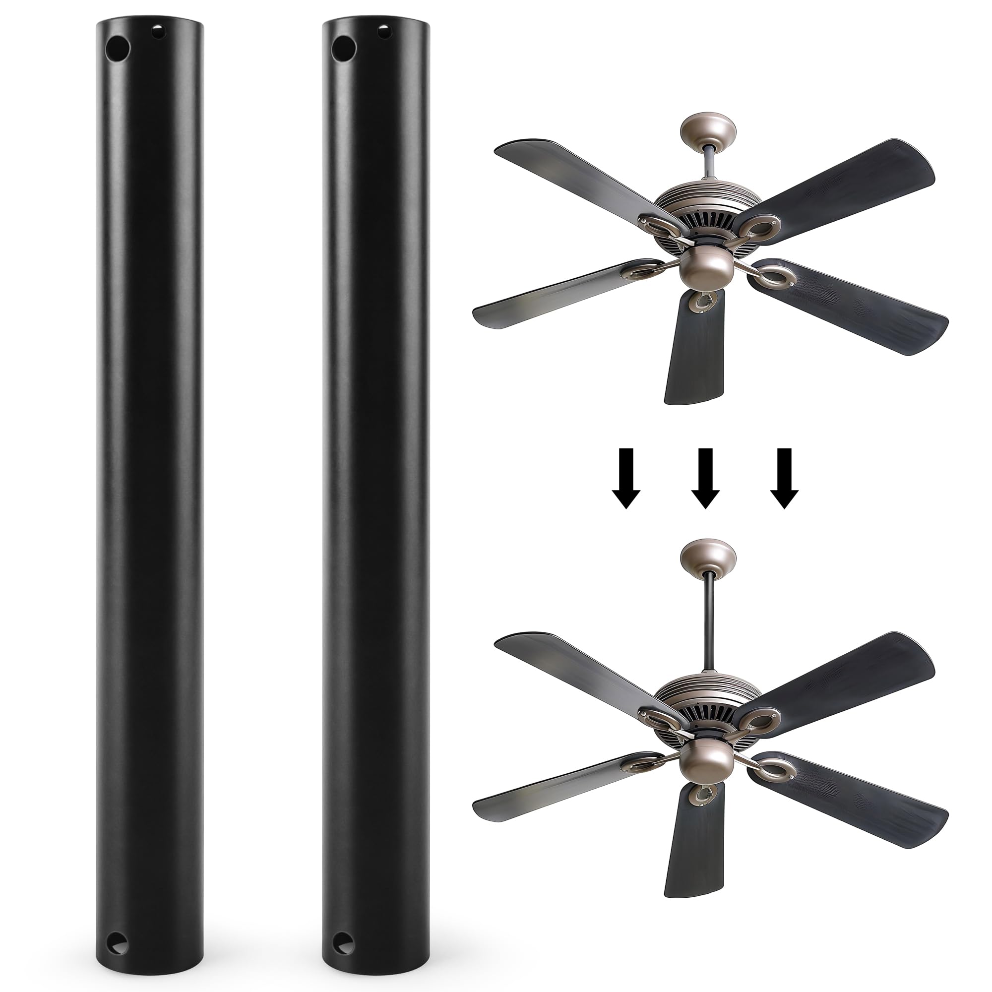 Verdanzia Ceiling Fan Downrod, 12 Inch Black Ceiling Fan Extension Downrod, 1 Inch Diameter Universal Downrod for Ceiling Fan, Not Threaded (2, black)