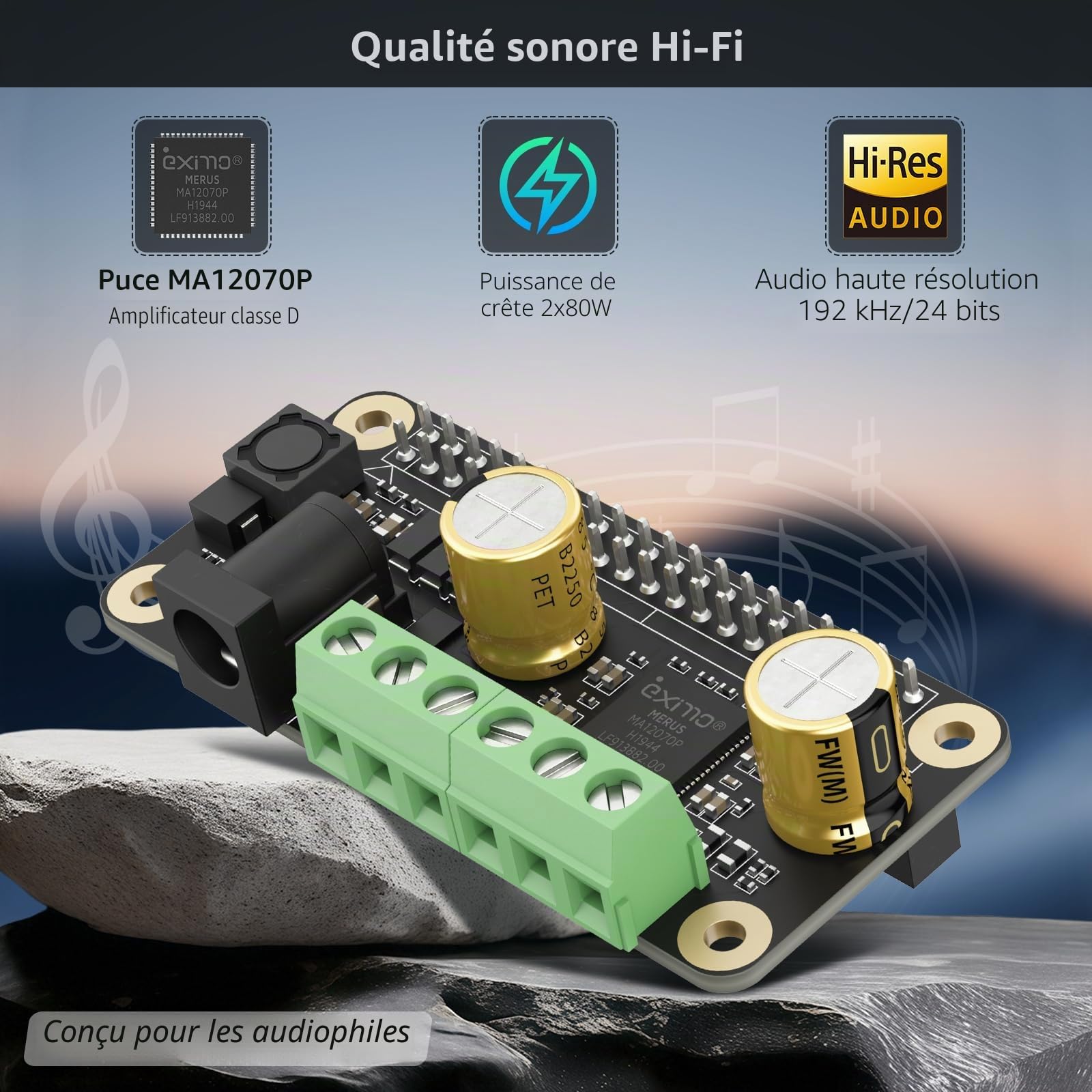 InnoMaker Amplificateur audio 2 x 80 W Puissance de crête Classe D HiFi AMP Pro Mini Hat 192 kHz/24 bits MA12070P pour Raspberry Pi 5/4/Zero 2 W Prend en charge Volumio, MoOde, Raspbian, LibreELEC